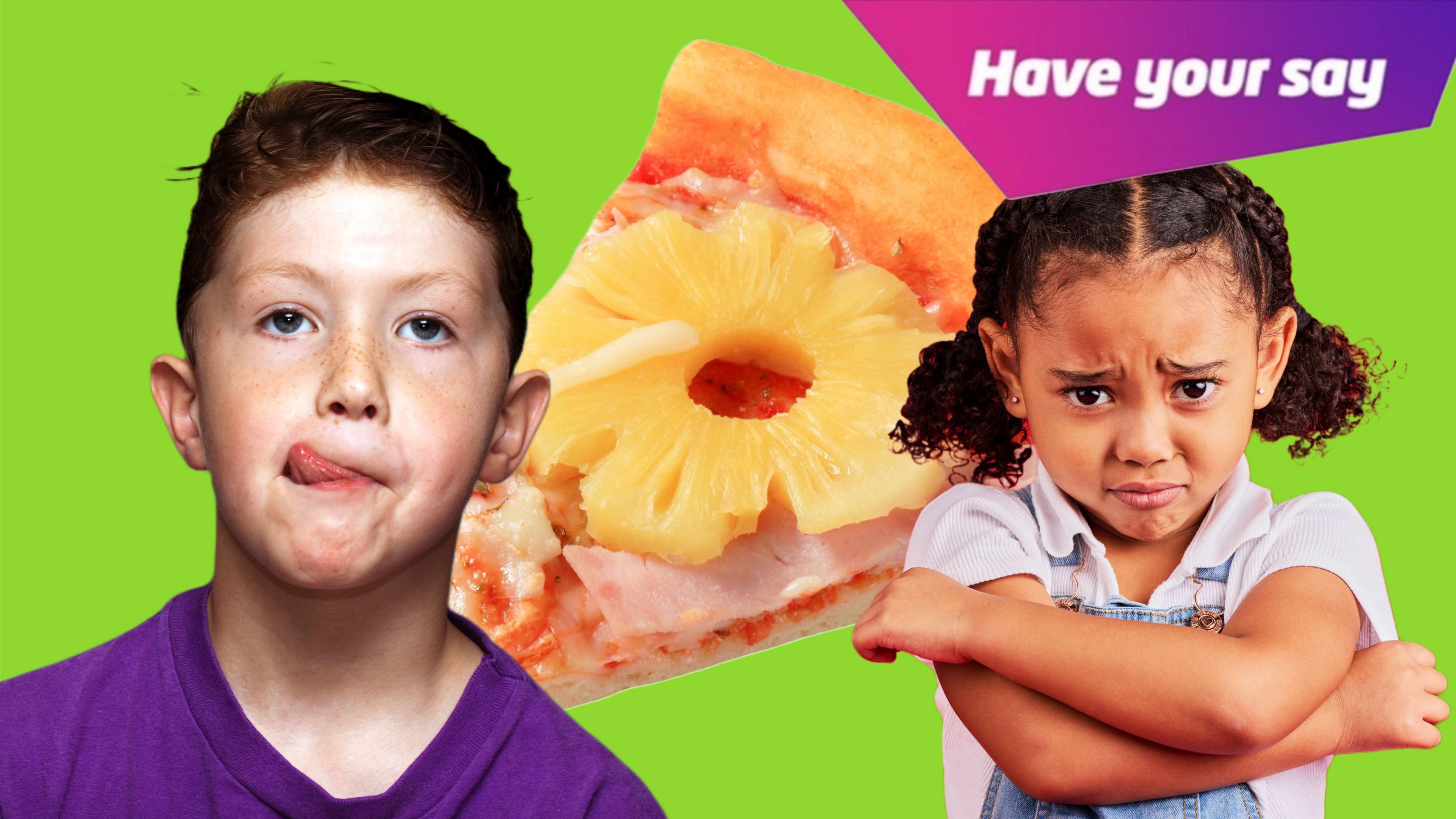 A boy and girl in front of a slice of pineapple pizza. The boy is licking his lips, while the girl looks unimpressed. 