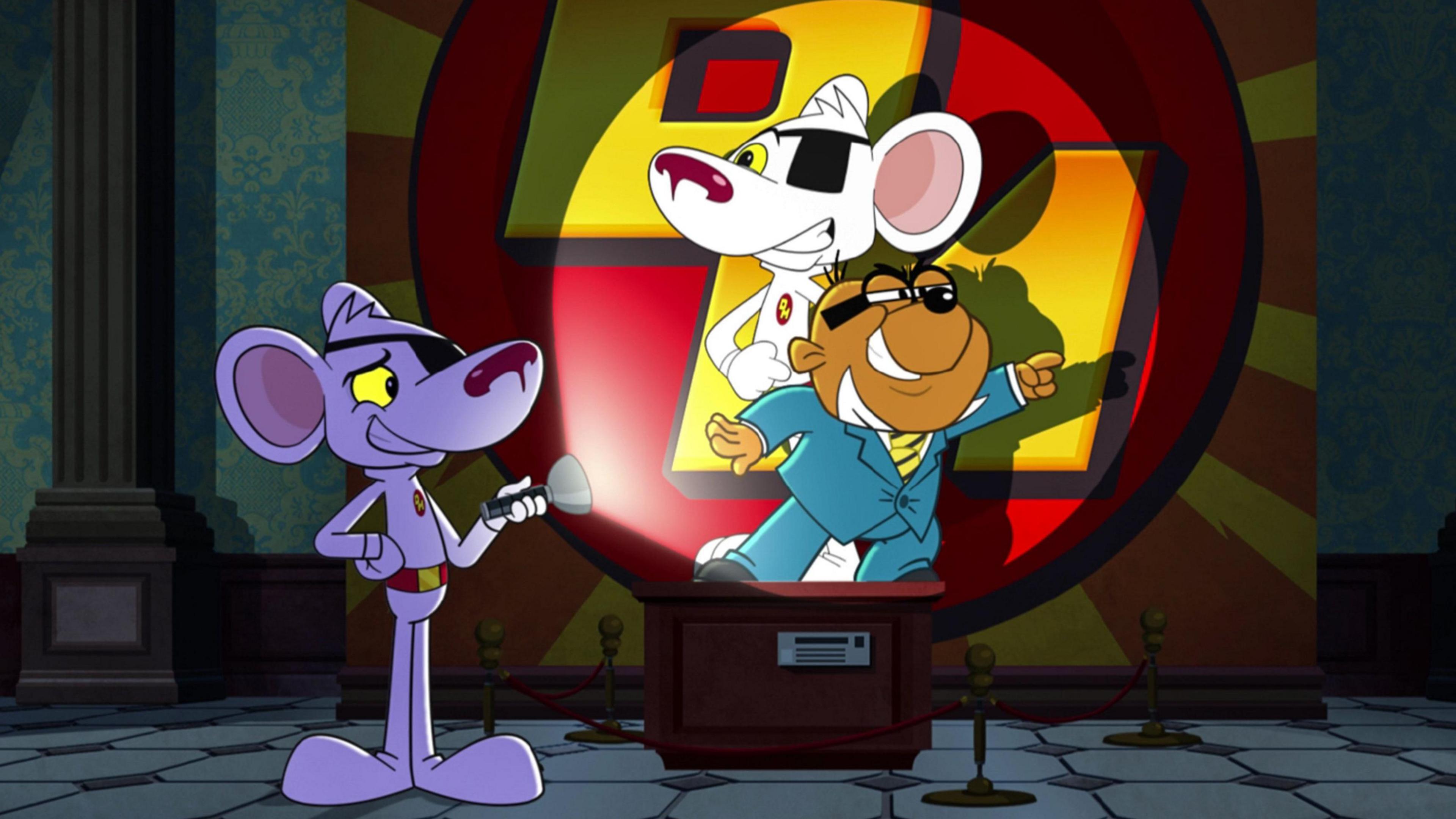 A cartoon of Danger Mouse, a white mouse with a black eye patch and a red belt, shining a torch on a picture of himself and his sidekick Penfold, a brown hamster with black glasses dressed in a blue suit, white shirt and yellow tie