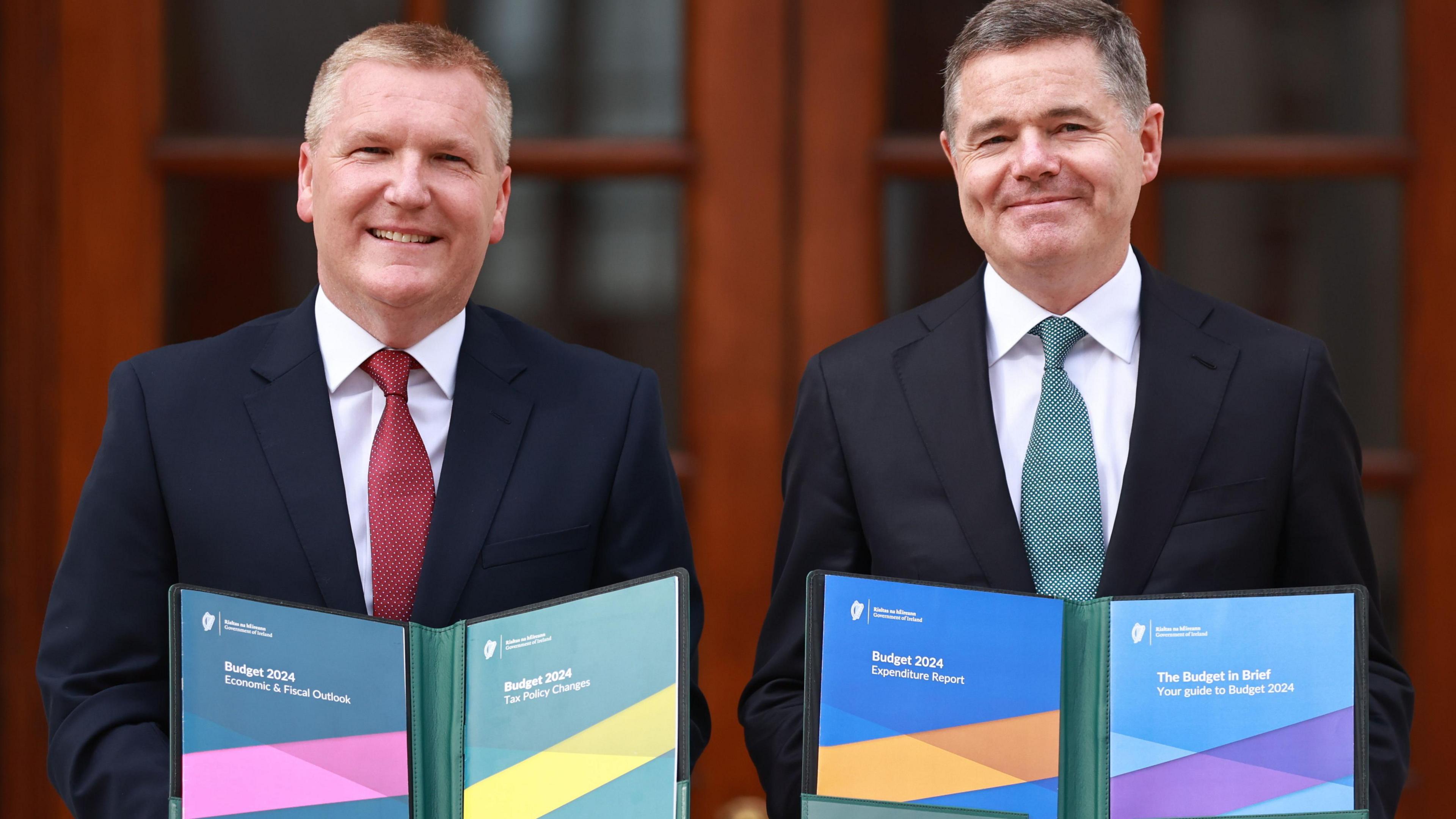 Minister for Finance Michael McGrath and Minister for Public Expenditure Paschal Donohoe (right) arrive at Leinster House in Dublin, to unveil the Government's Budget for 2024. Picture date: Tuesday October 10, 2023. 