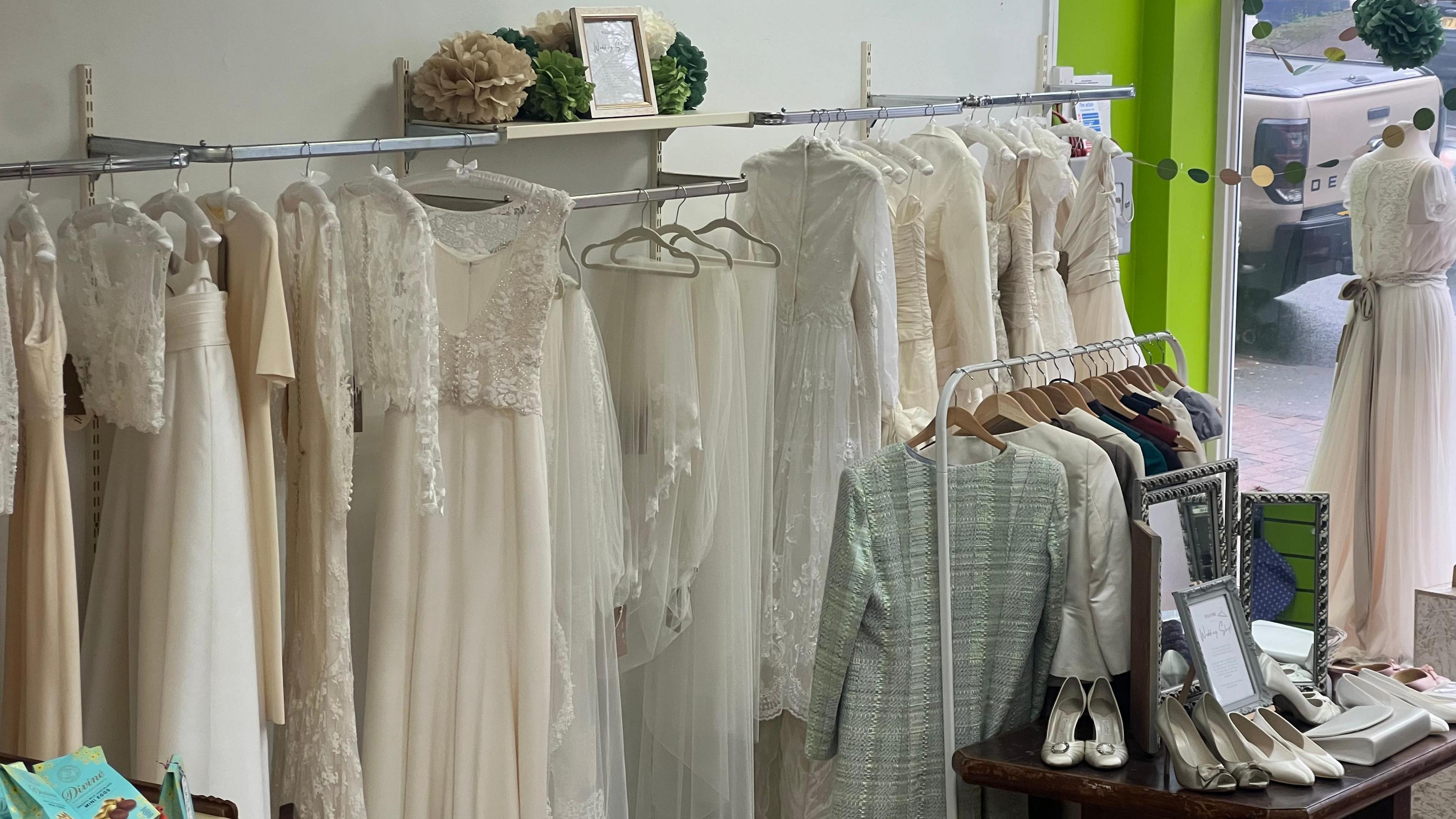 Donated wedding dresses at Oxfam in Tunbridge Wells