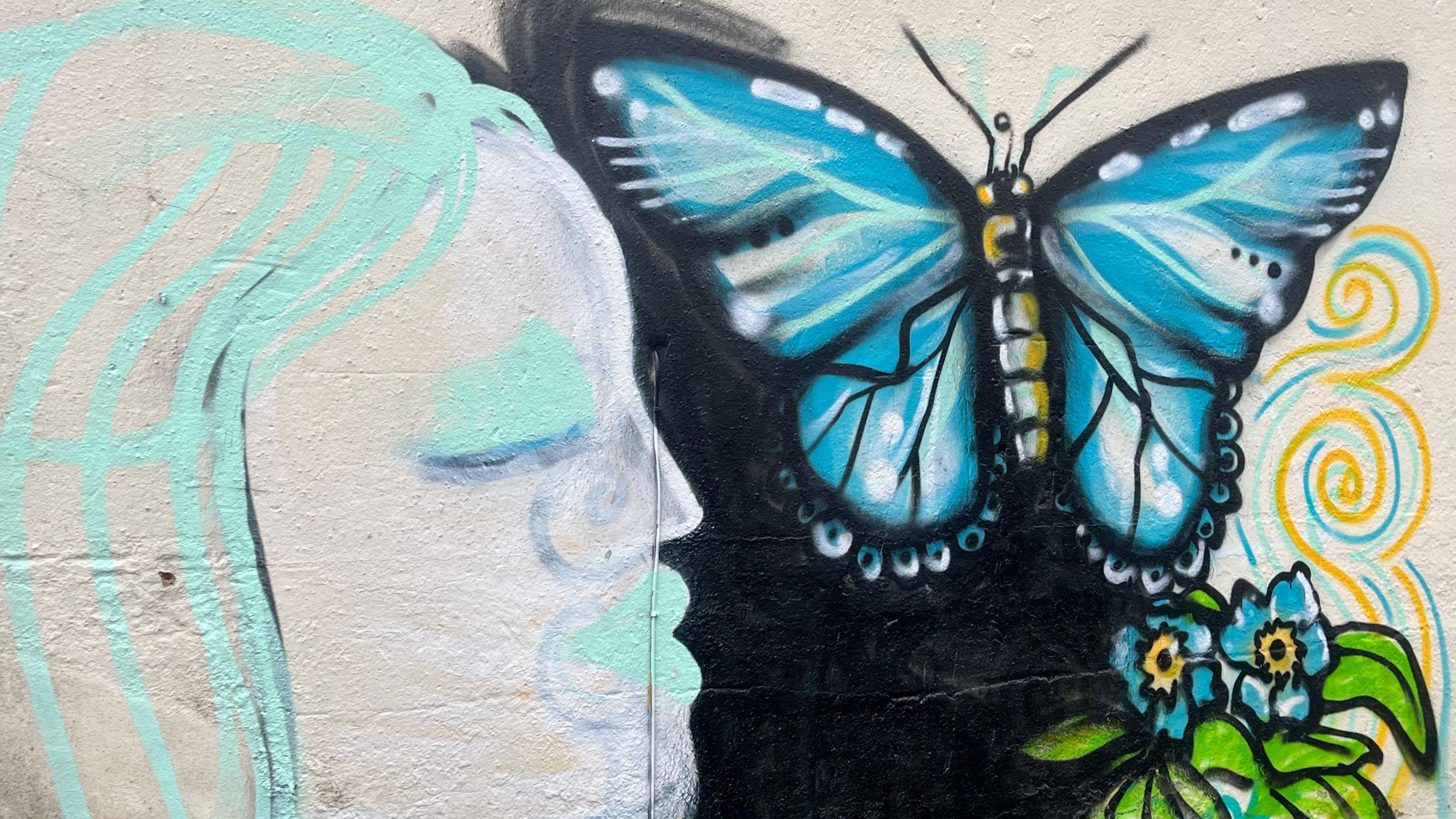 A brightly-coloured, partially-completed mural which features a blue butterfly and flowers as well as the incomplete image of a face in profile. It is painted onto a cream-coloured wall.