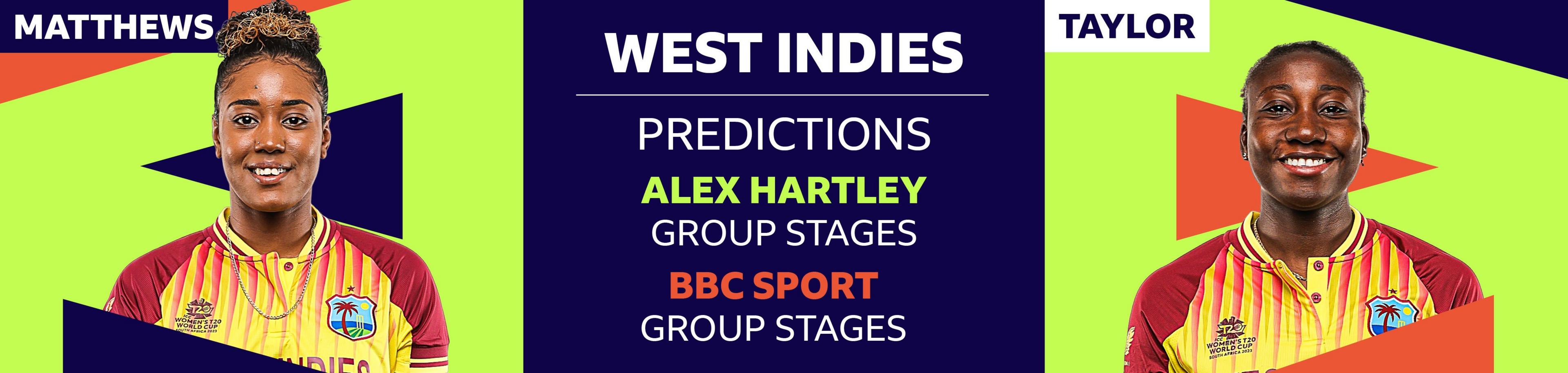 A banner image showing Alex Hartley has picked Hayley Matthews and Stafanie Taylor as her two West Indies players to watch at the Women's T20 World Cup 2023. Hartley has predicted West Indies will be eliminated in the group stages, as does BBC Sport cricket writer Ffion Wynne