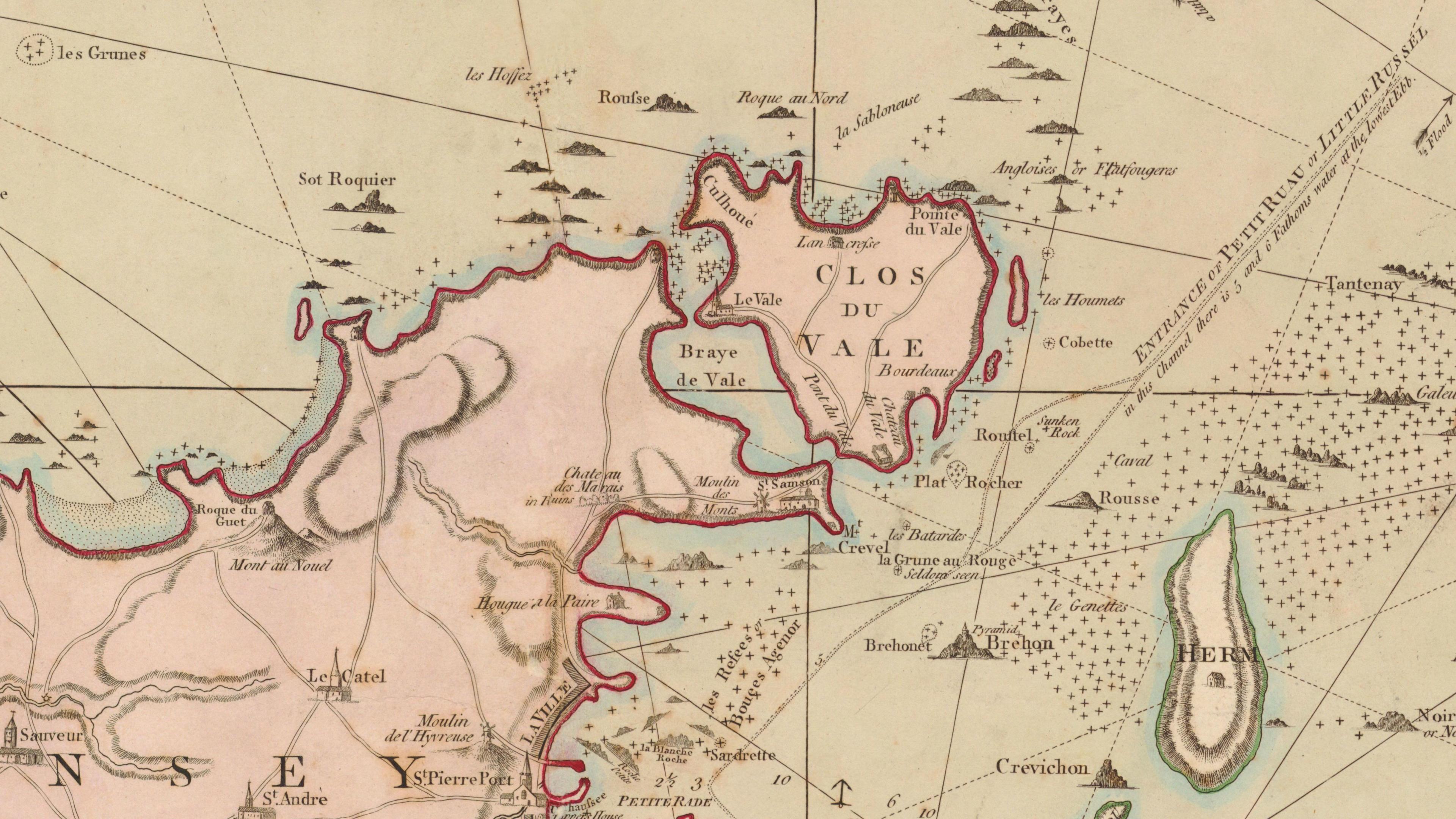 Old map showing Guernsey as two separate islands