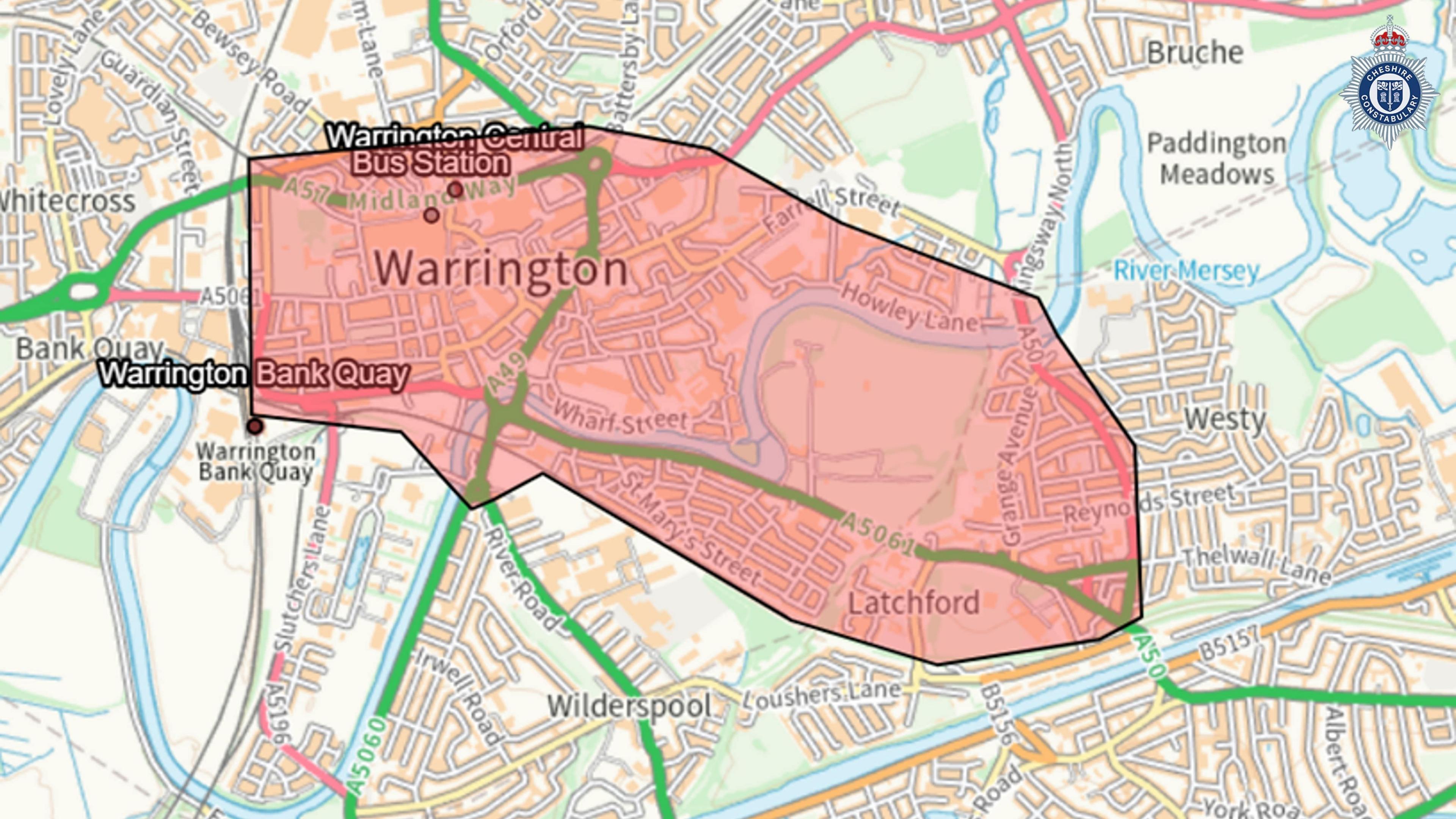 A map of Warrington with a large section of the town centre - the area covered by the dispersal order - highlighted in red.