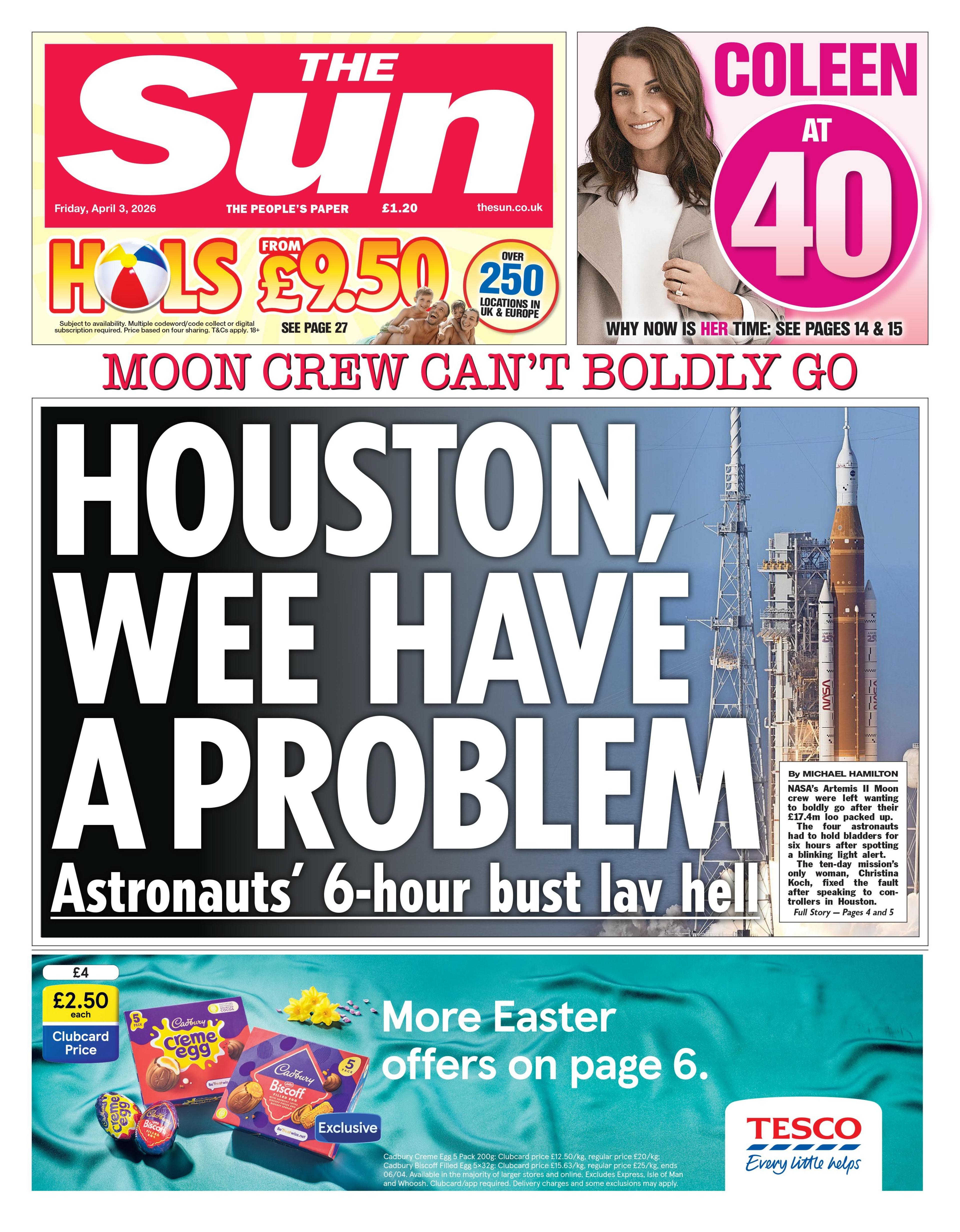 Titulli në faqen e parë të gazetës "The Sun" thotë: "Hjuston, kemi një problem".