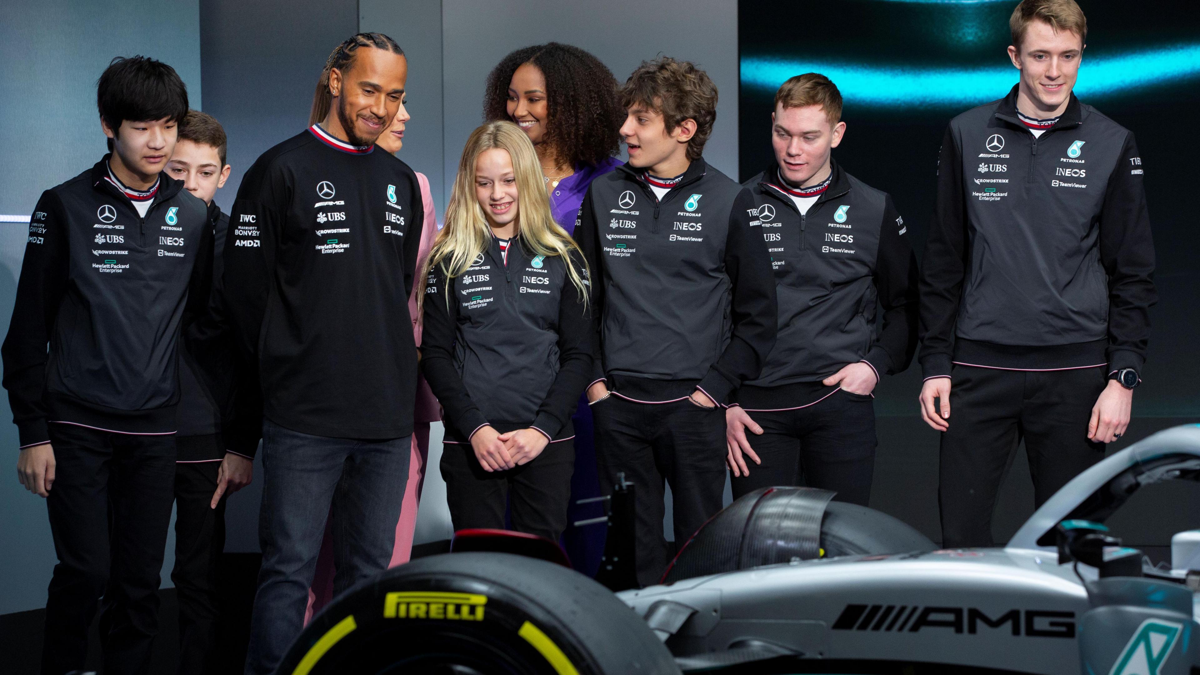 Kimi Antonelli, then aged 15, stood among a group of young racing drivers alongside Lewis Hamilton at the launch of the 2022 Mercedes F1 car