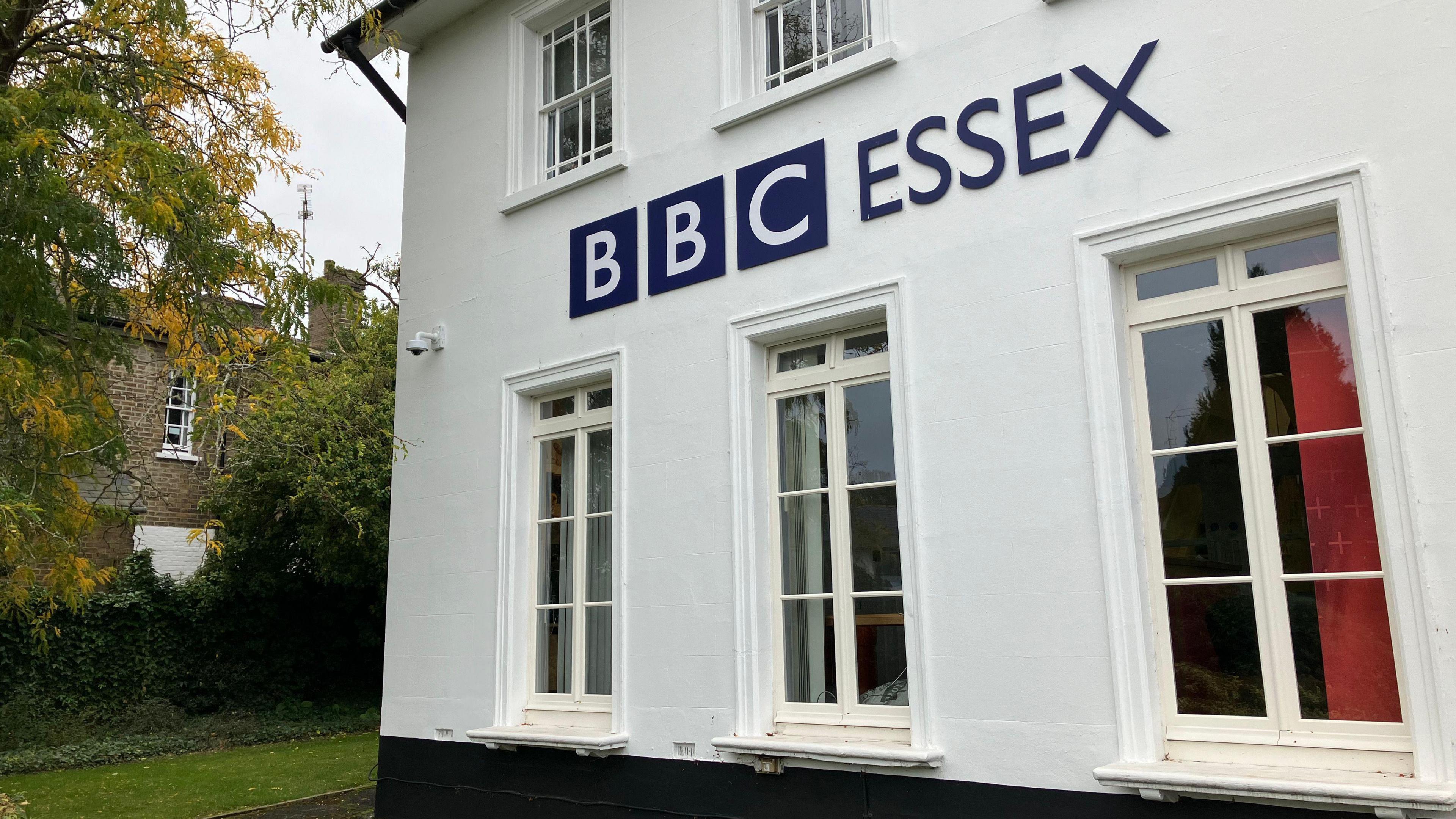 The BBC Essex office, which is a white, two-storey building with BBC Essex lettering on it.