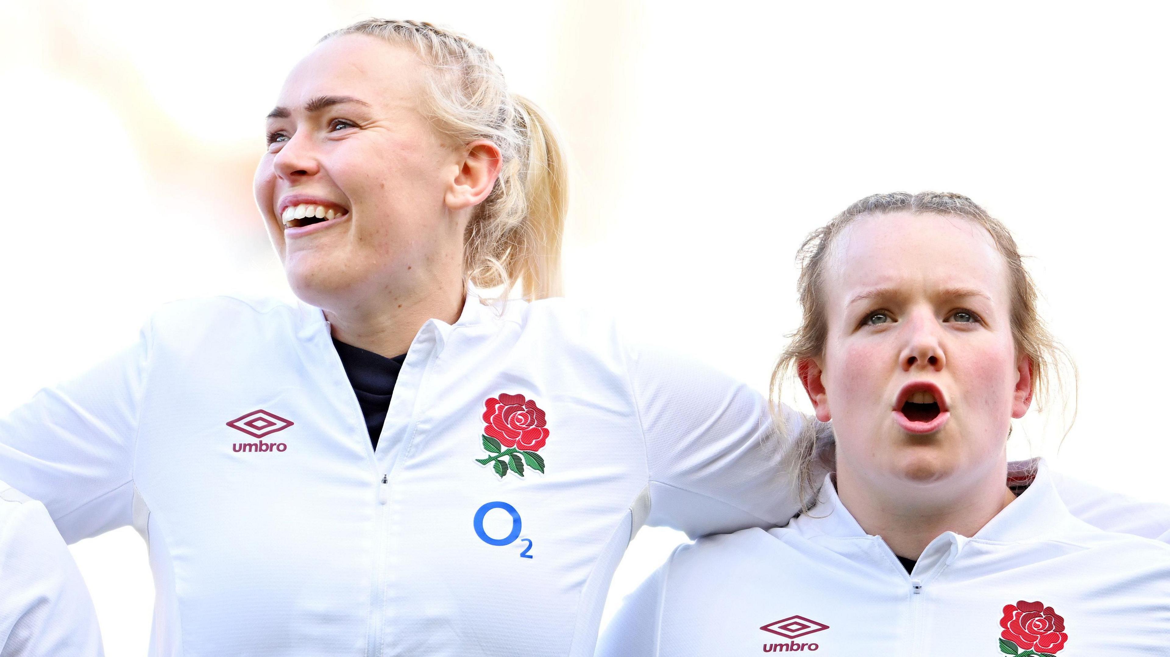 Rosie Galligan & Lark Atkin-Davies line up during a national anthem