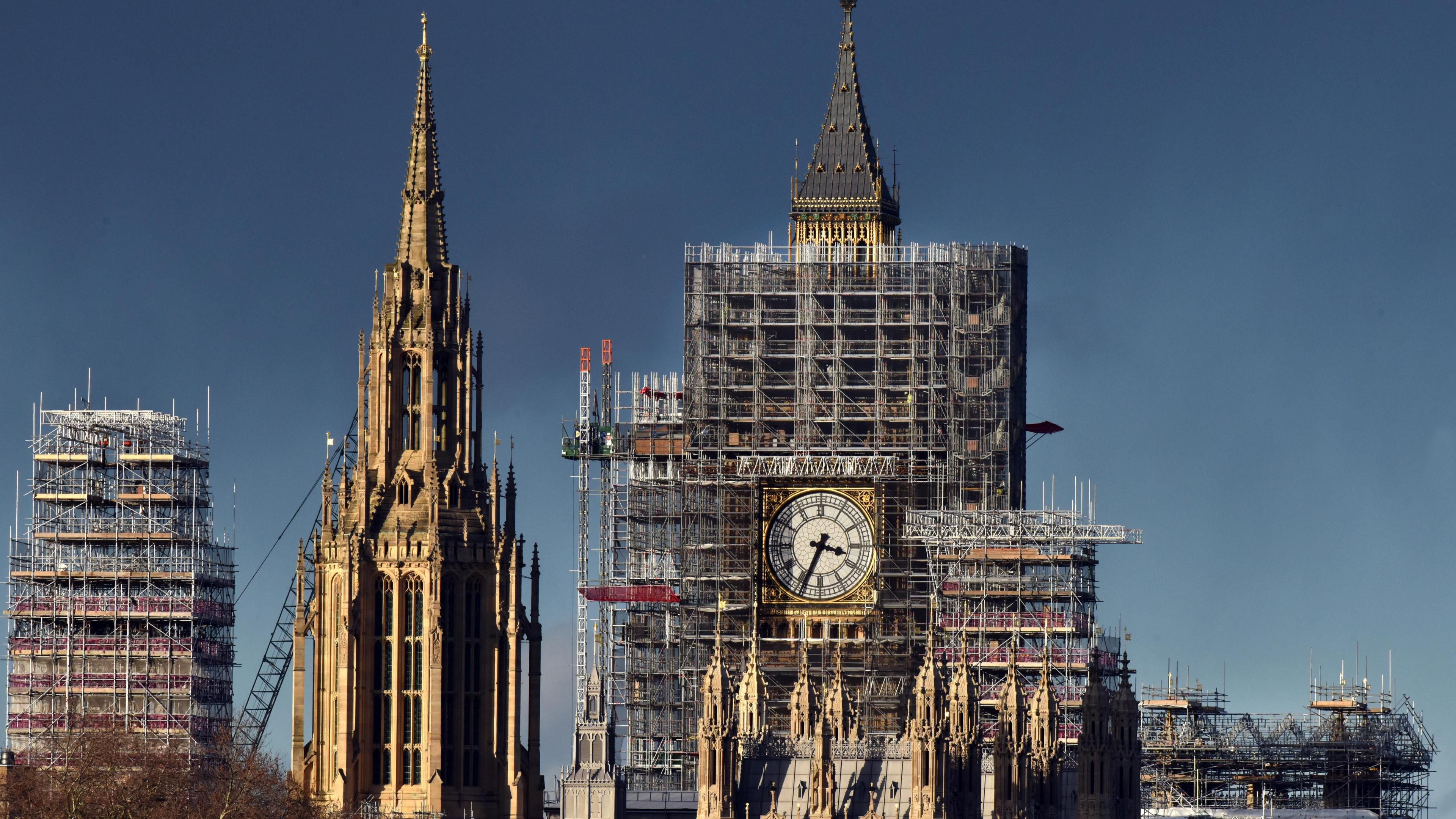 Scaffolding surrounds the Elisabeth tower, the clock tower of the houses of Parliament and Palace of Westminster aka Big Ben as they undergo restoration. T