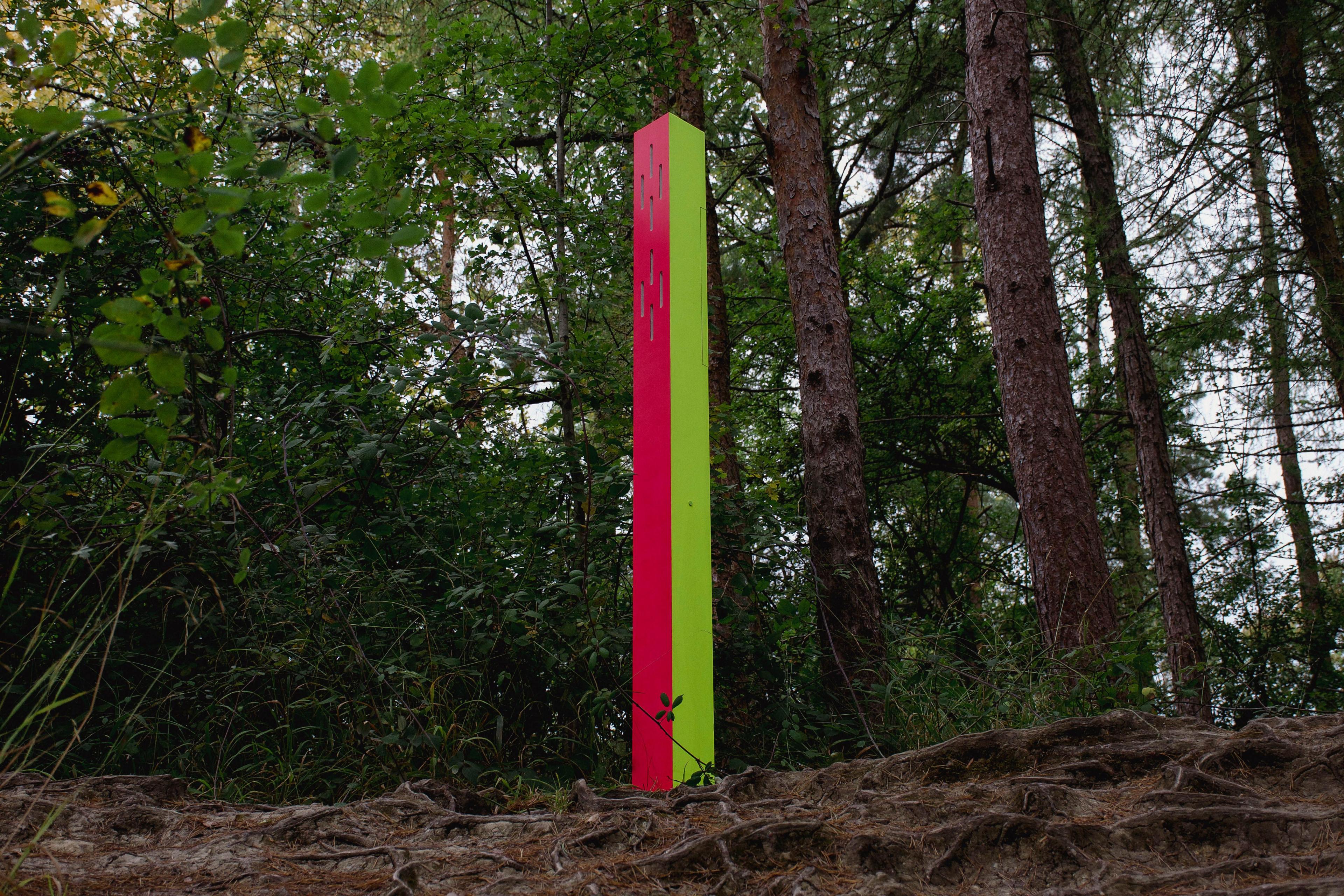 The pink and yellow posts also function as butterfly houses