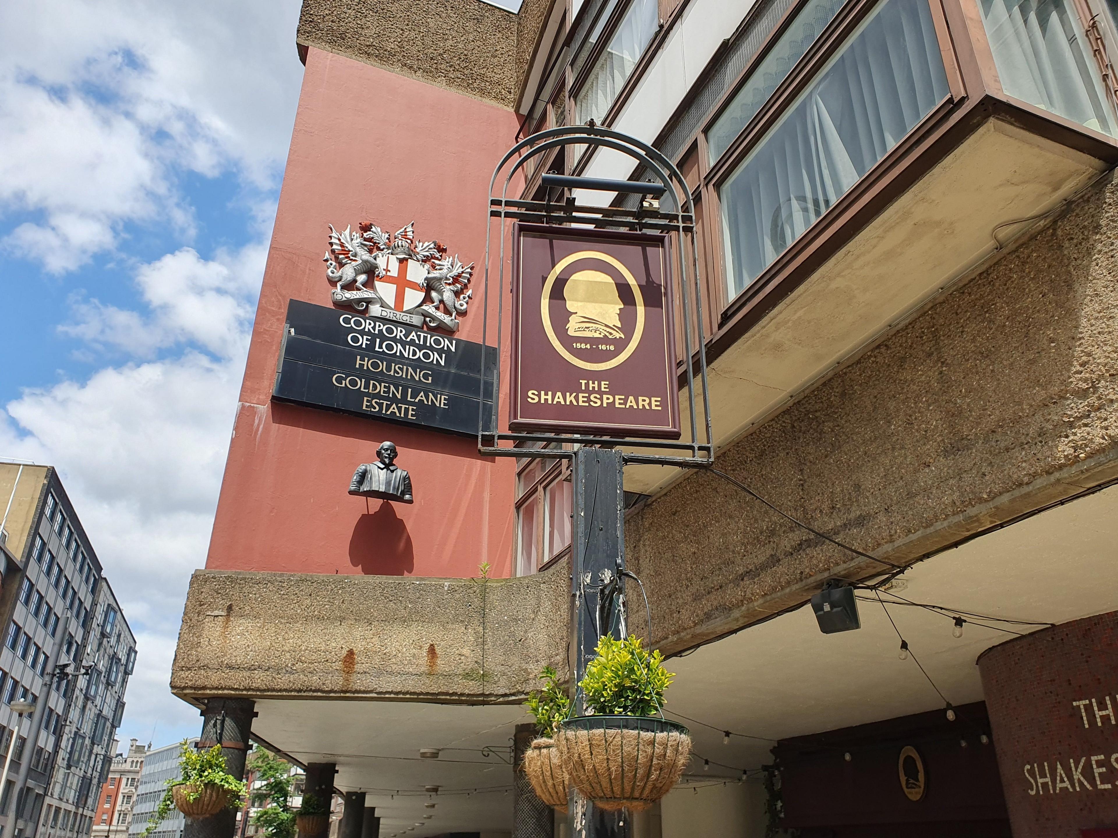 Shakespeare pub on the corner of the Golden Lane Estate.