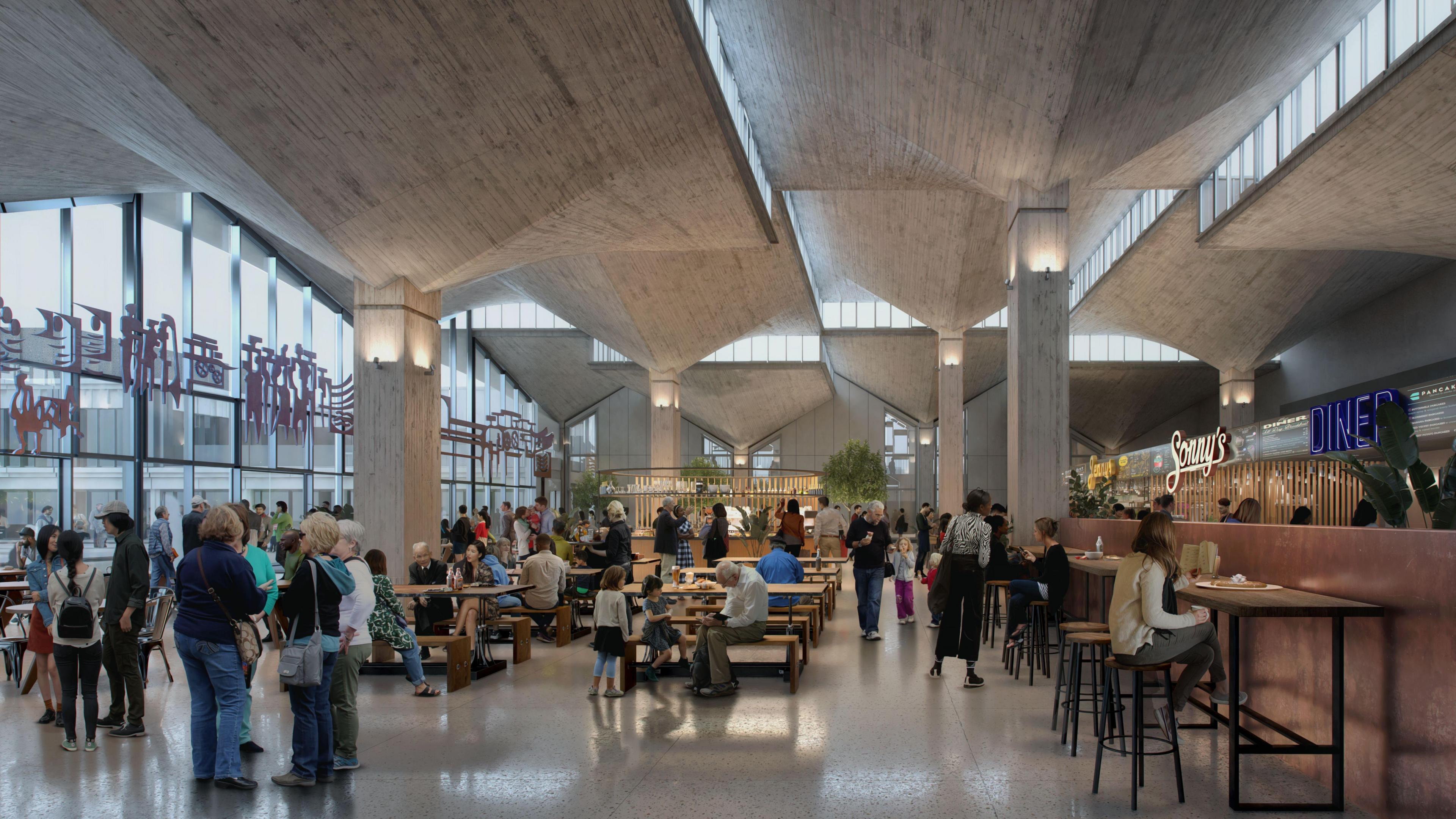 An artist's impression of the finished food court. There is a concrete roof, with bench style seating underneath. There are floor to ceiling windows on the left hand side, and a bar on the right. People can be seen sitting and eating.
