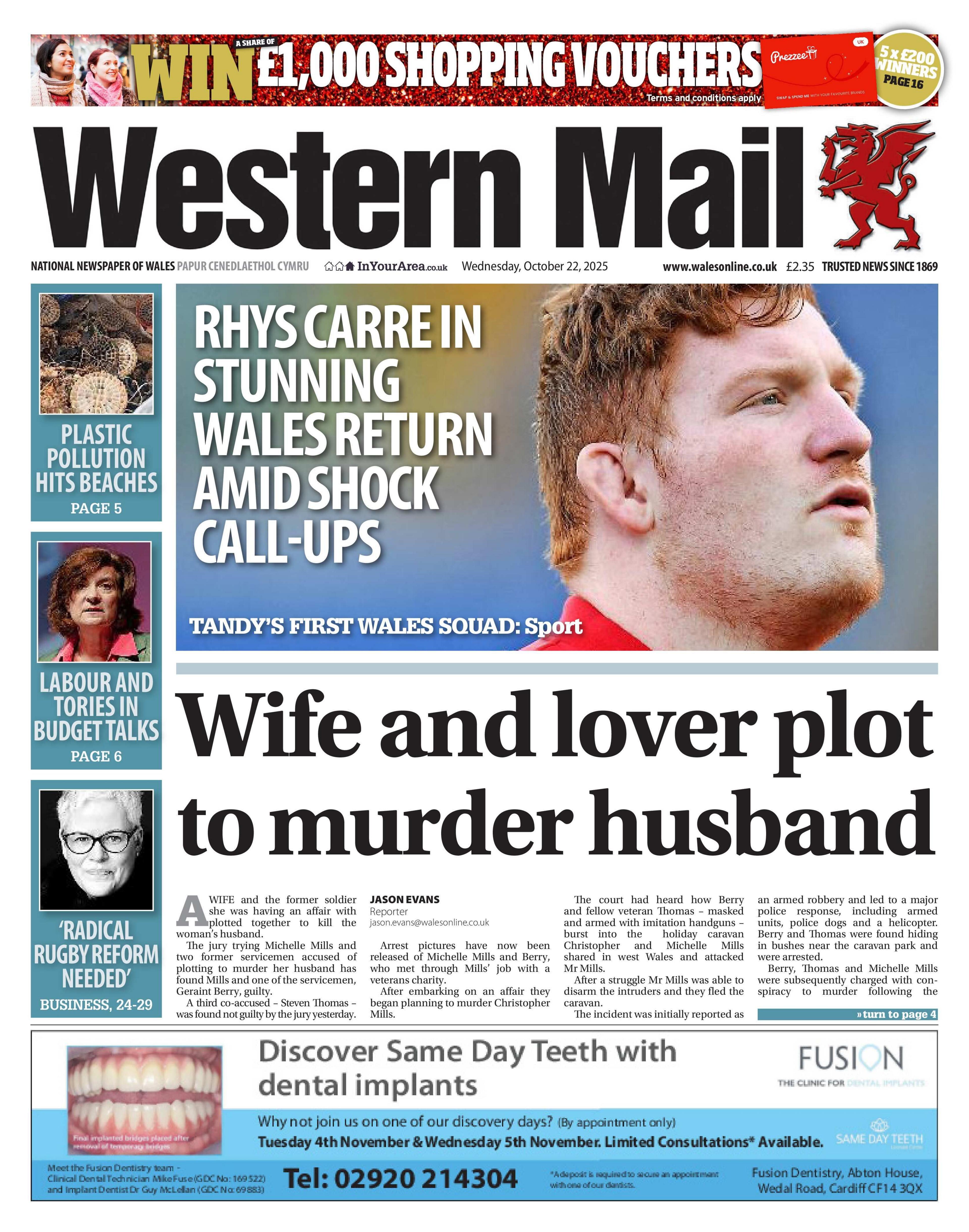 Western Mail newspaper front page shows main headline: Wife and lover plot to murder husband. Above this is a photo of Rhys Carre looking to the right with the headline Rhys Carre in stunning Wales return amid shock call-ups. A sub headline says Tandy's first Wales squad: Sport.