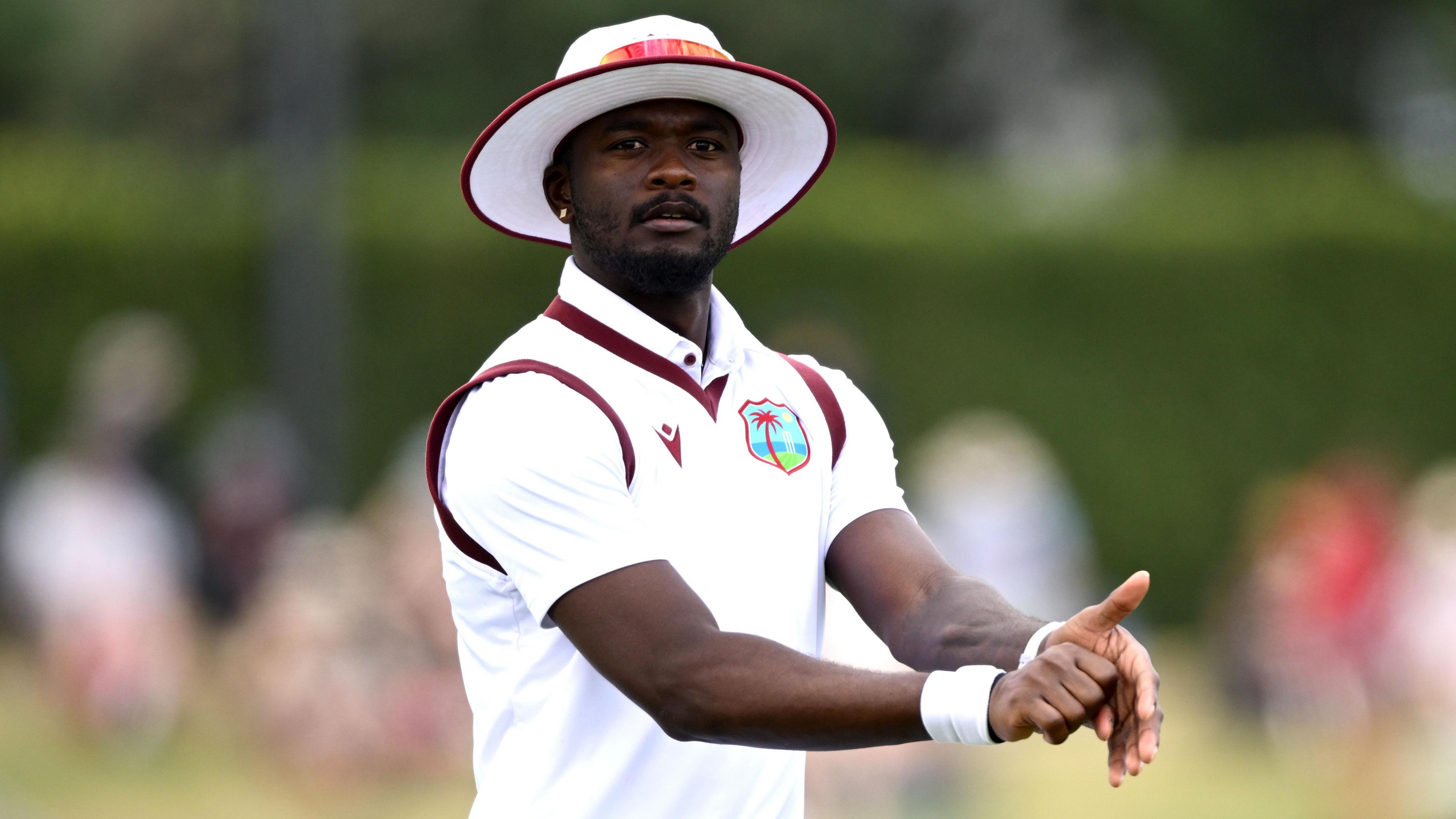 Jayden Seales of the West Indies looks on during day one of the Third Test match in the series between New Zealand and West Indies 