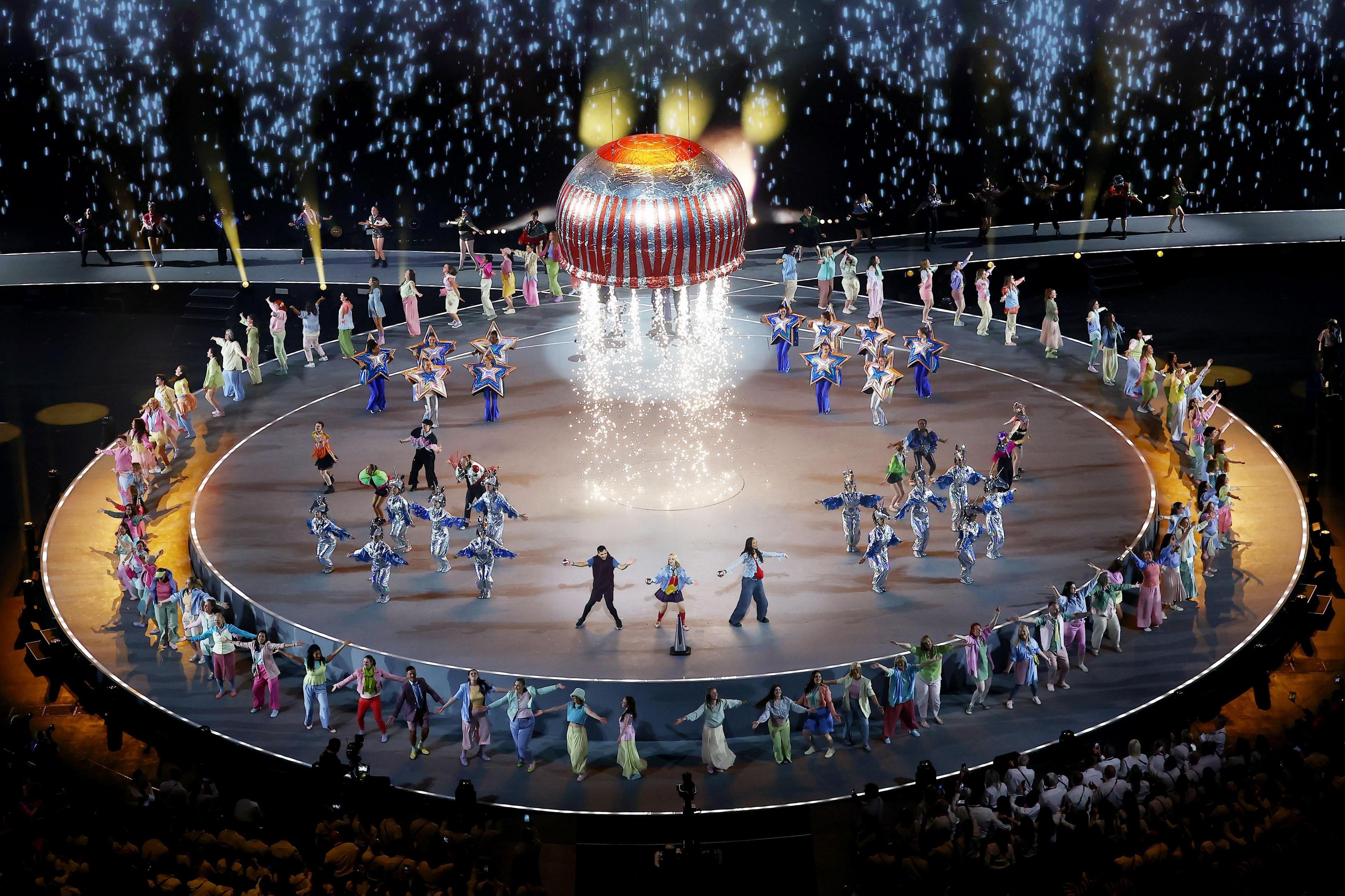 Tunnock's Teacake rocket taking off on stage at the end of the opening ceremony