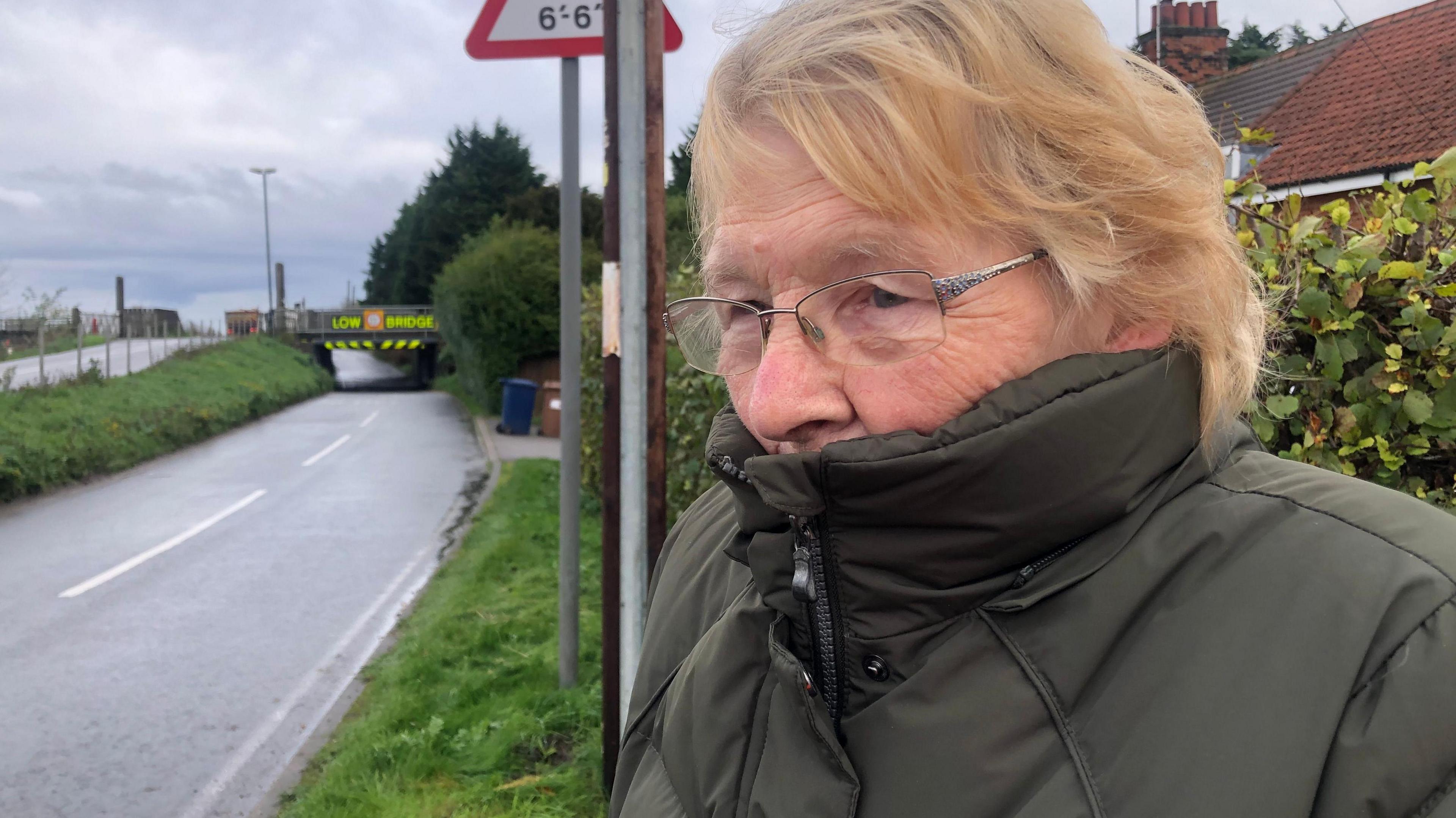 Pam Boss standing by the side of the road. A house roof can be seen behind her and beyond her can be seen a road leading downhill to a railway bridge marked low bridge in yellow. She has fair, short hair, is wearing glasses and has pulled her brown jacket up to cover her mouth