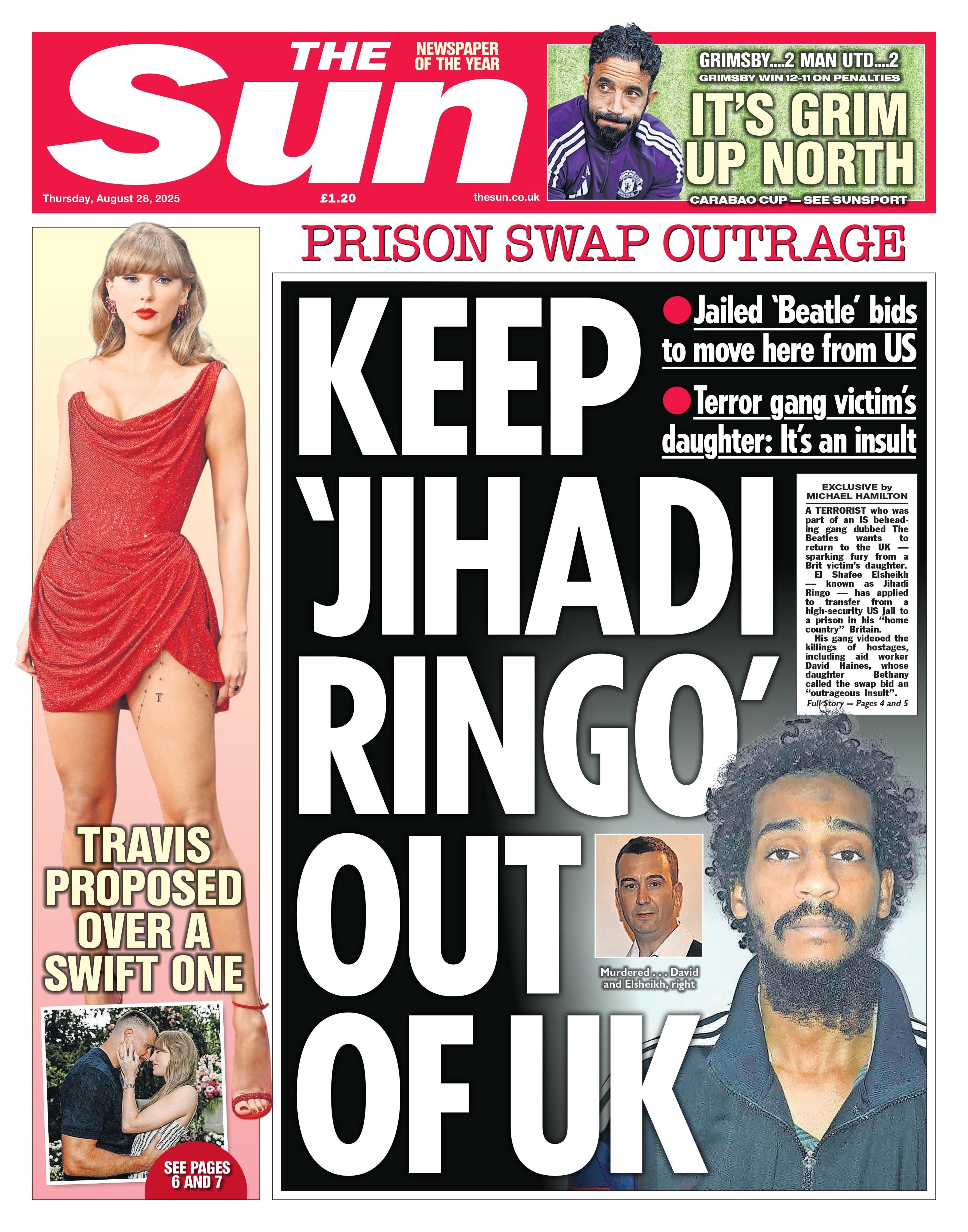 The headline on the front page of the Sun reads: "Keep 'Jihadi Ringo' out of UK".