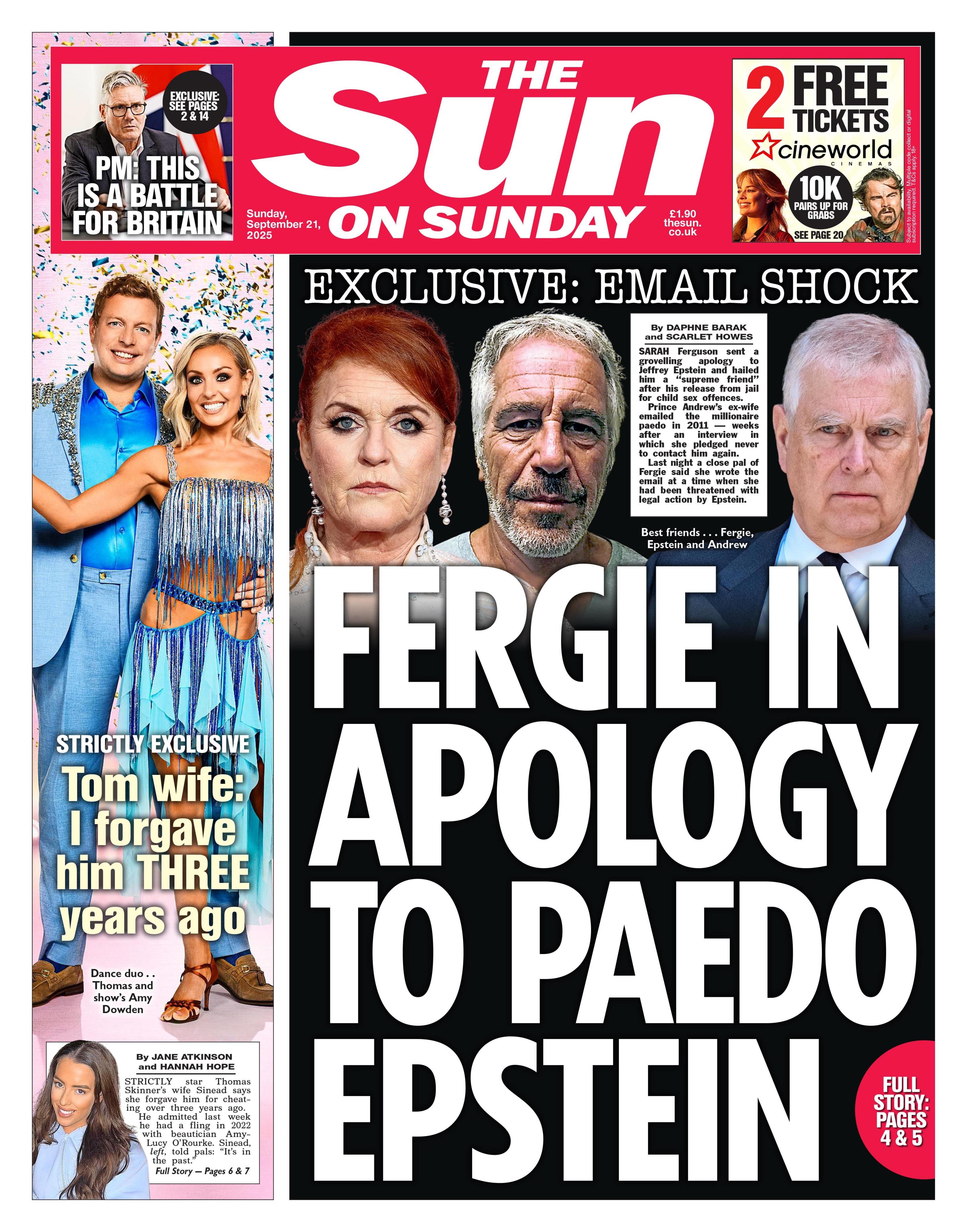 The headline on the front page of the Sun reads: "Fergie in apology to paedo Epstein". 