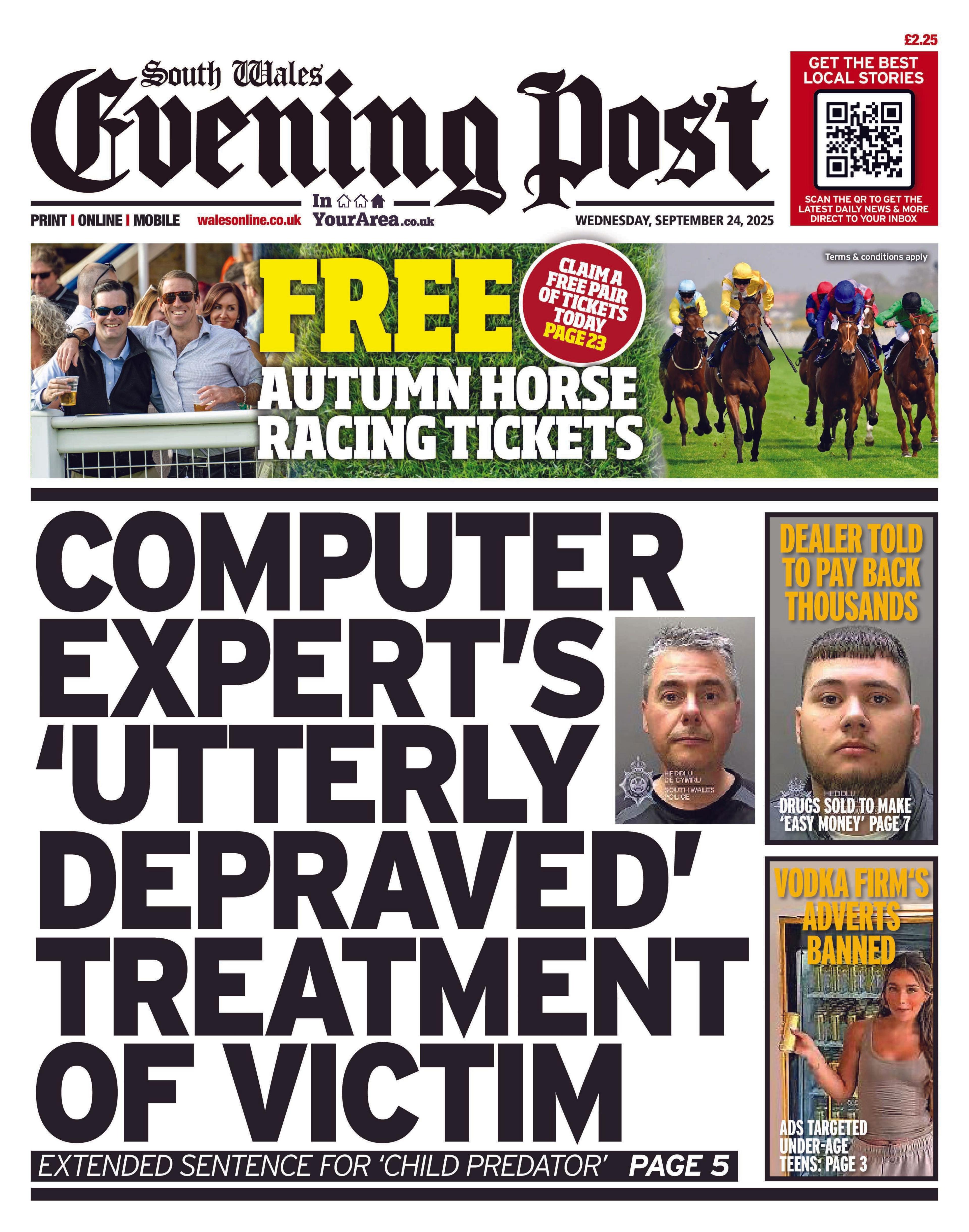 South Wales Evening Post front page includes the main headline: Computer expert's 'utterly depraved' treatment of victim. Sub heading: Extended sentence for 'child predator'