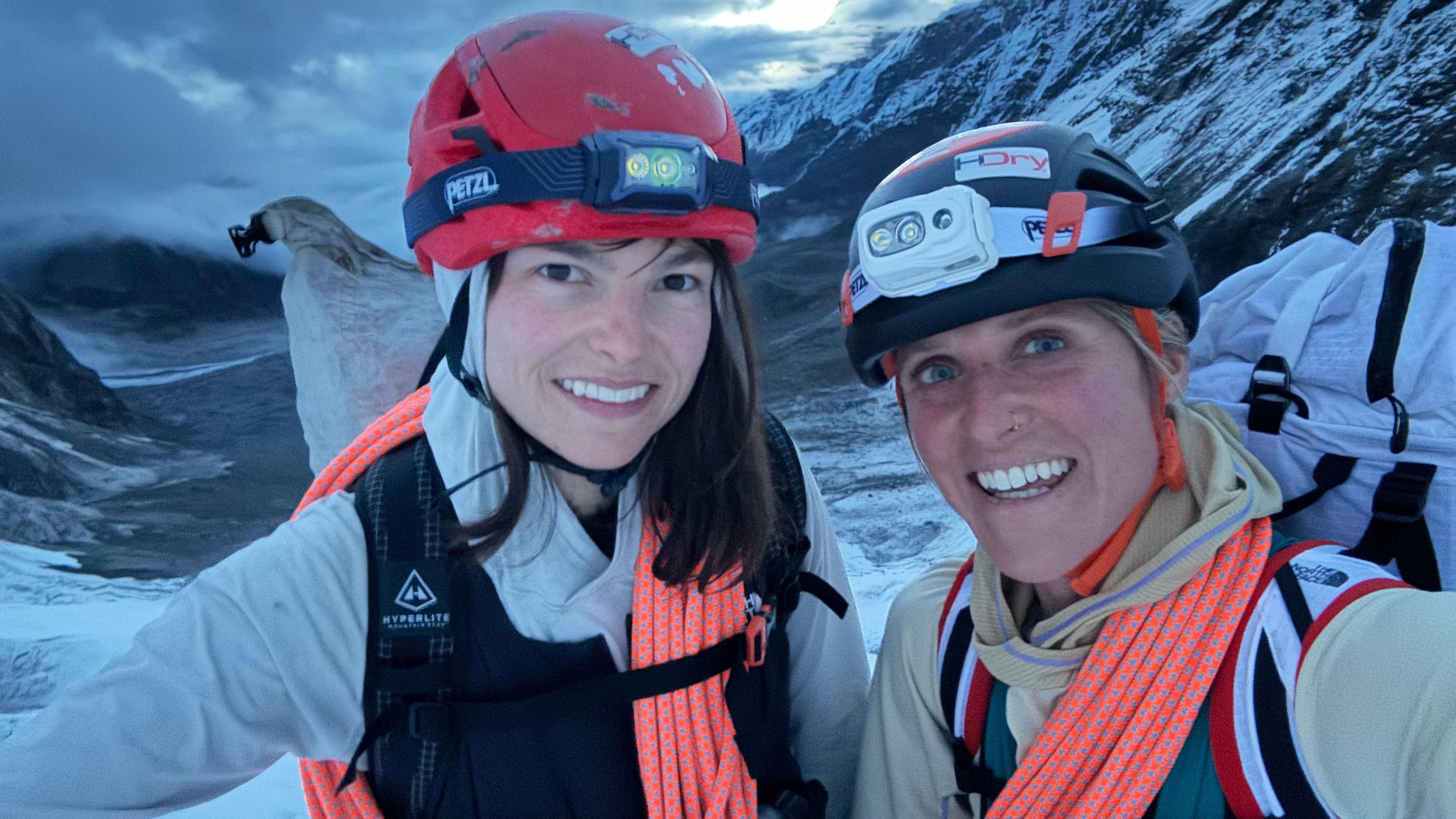 Fay Manners with her climbing partner Michelle Dvorak on a snowy mountain top