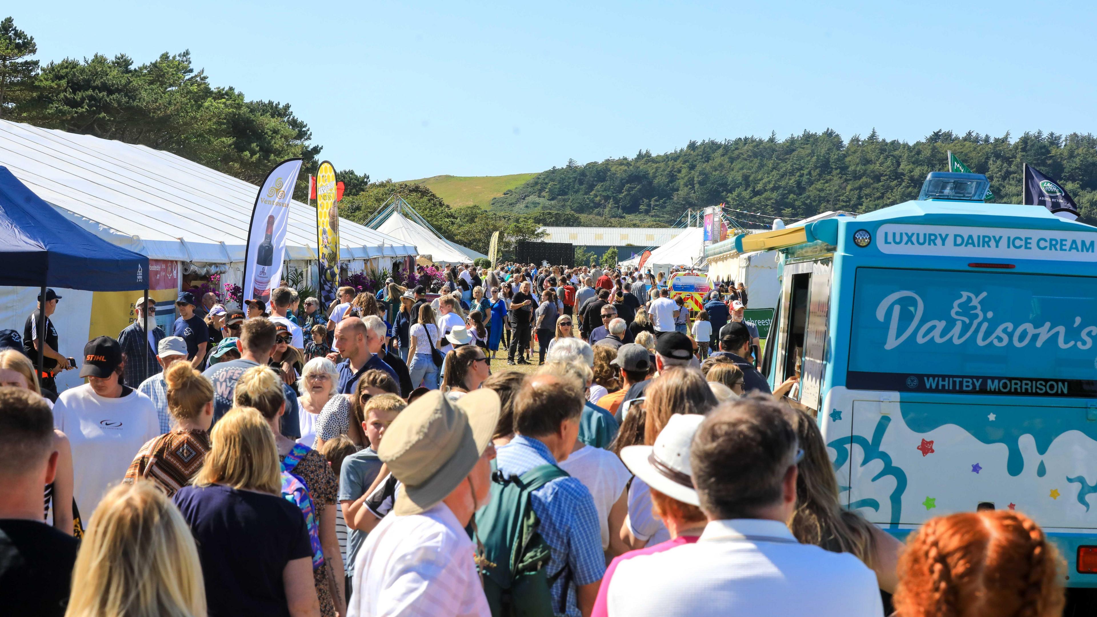 A large crowd of people in between food stands in a field on a sunny day.