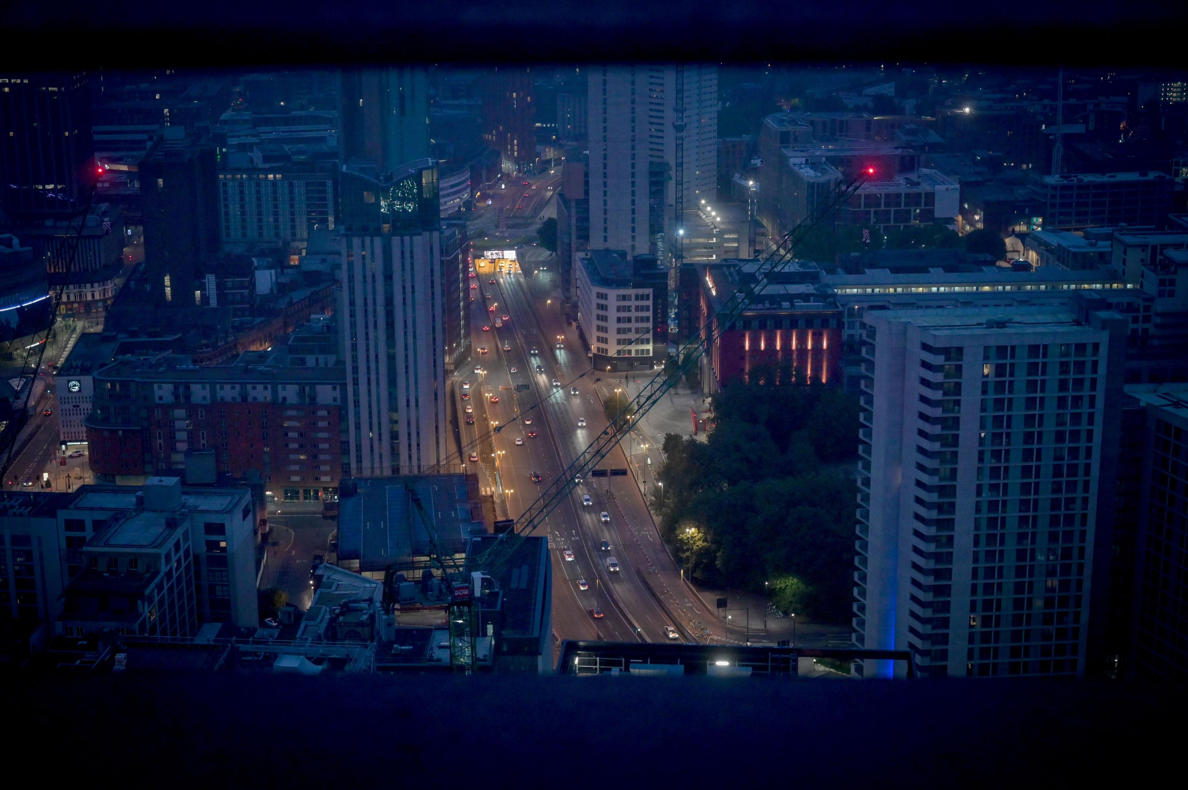 Suffolk Street in Birmingham pictured at dusk