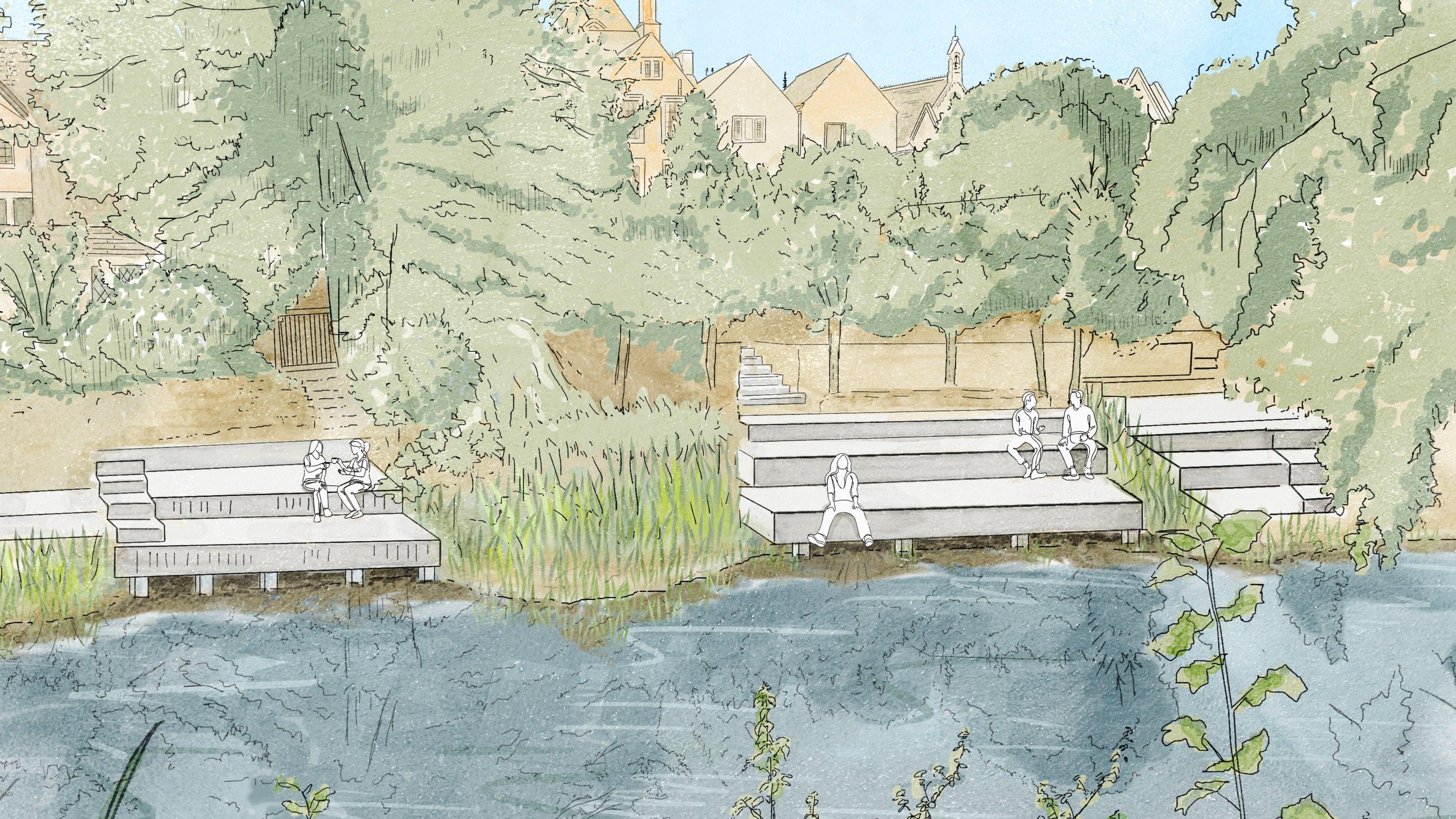 A drawn image of people sitting on the side of a river with trees behind them.