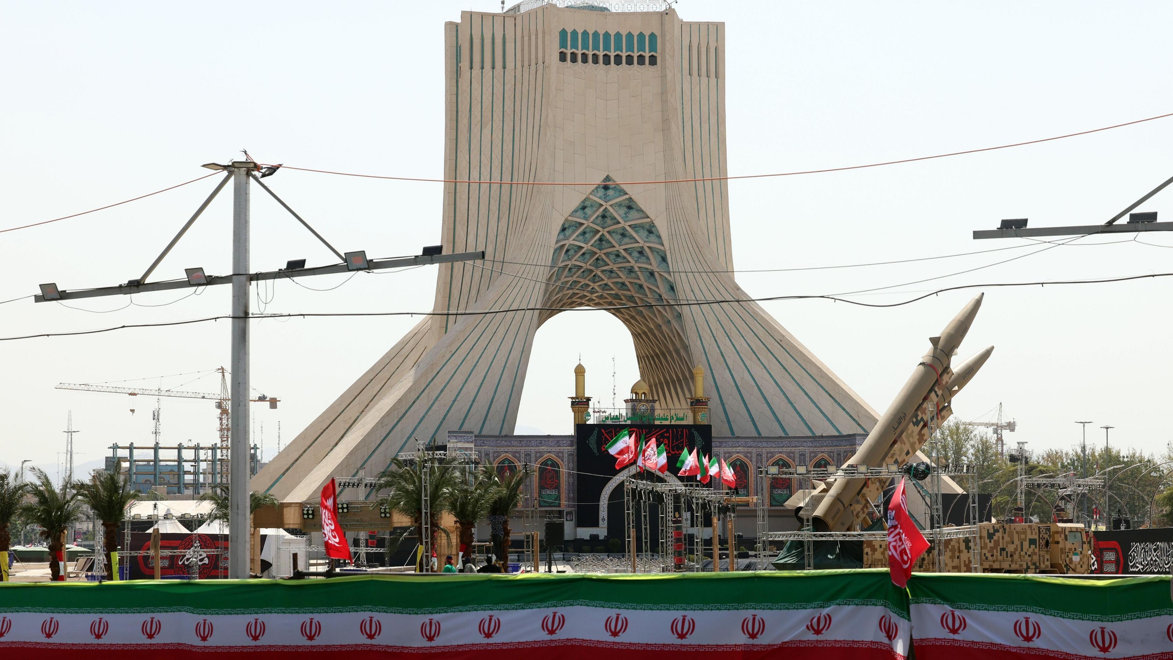 Iranian missiles, Zolfaghar, are on display at Azadi Square in Tehran.
