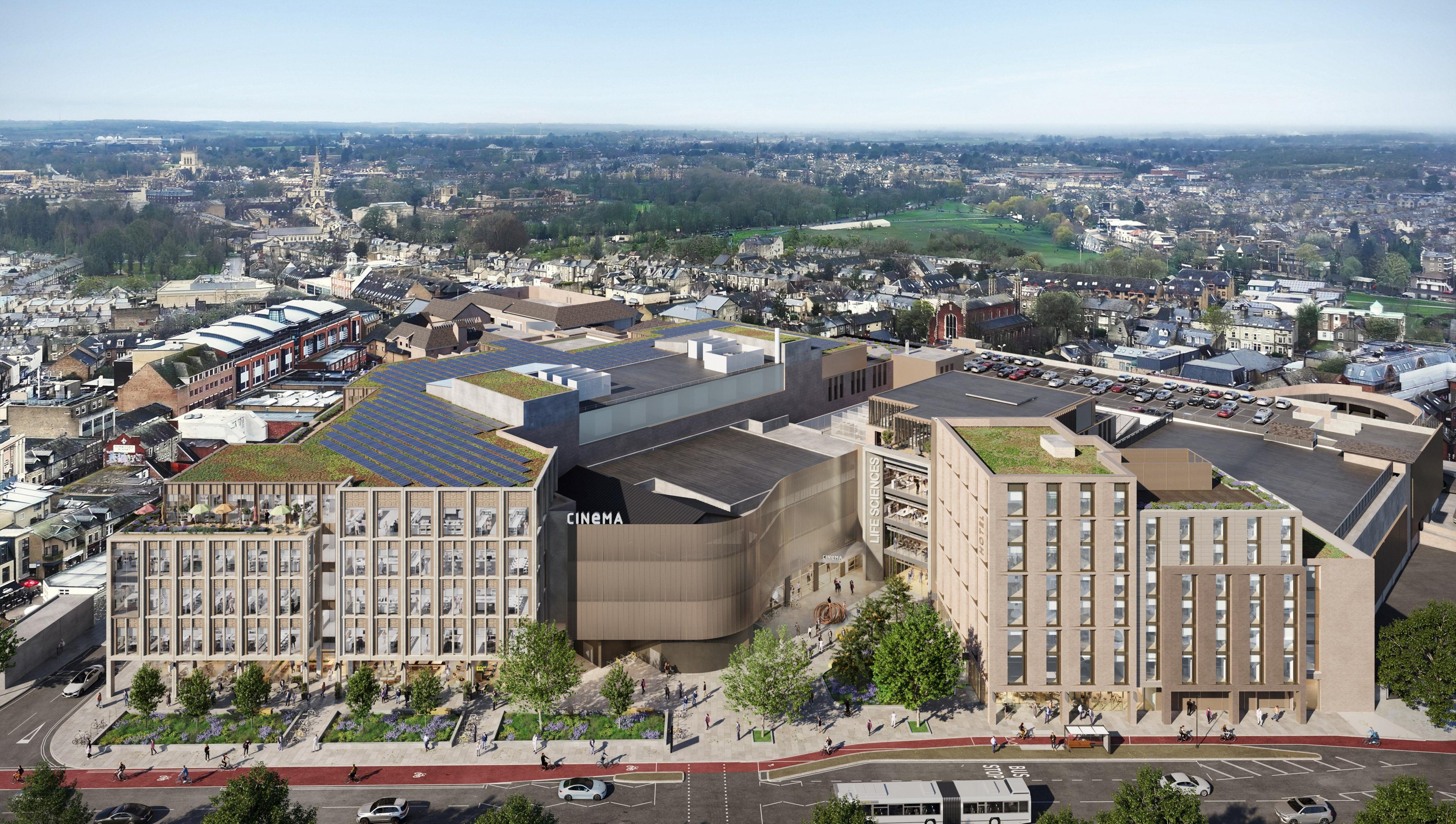 Mock-up showing the new life sciences building and hotel on East Road, which are either side of the cinema.