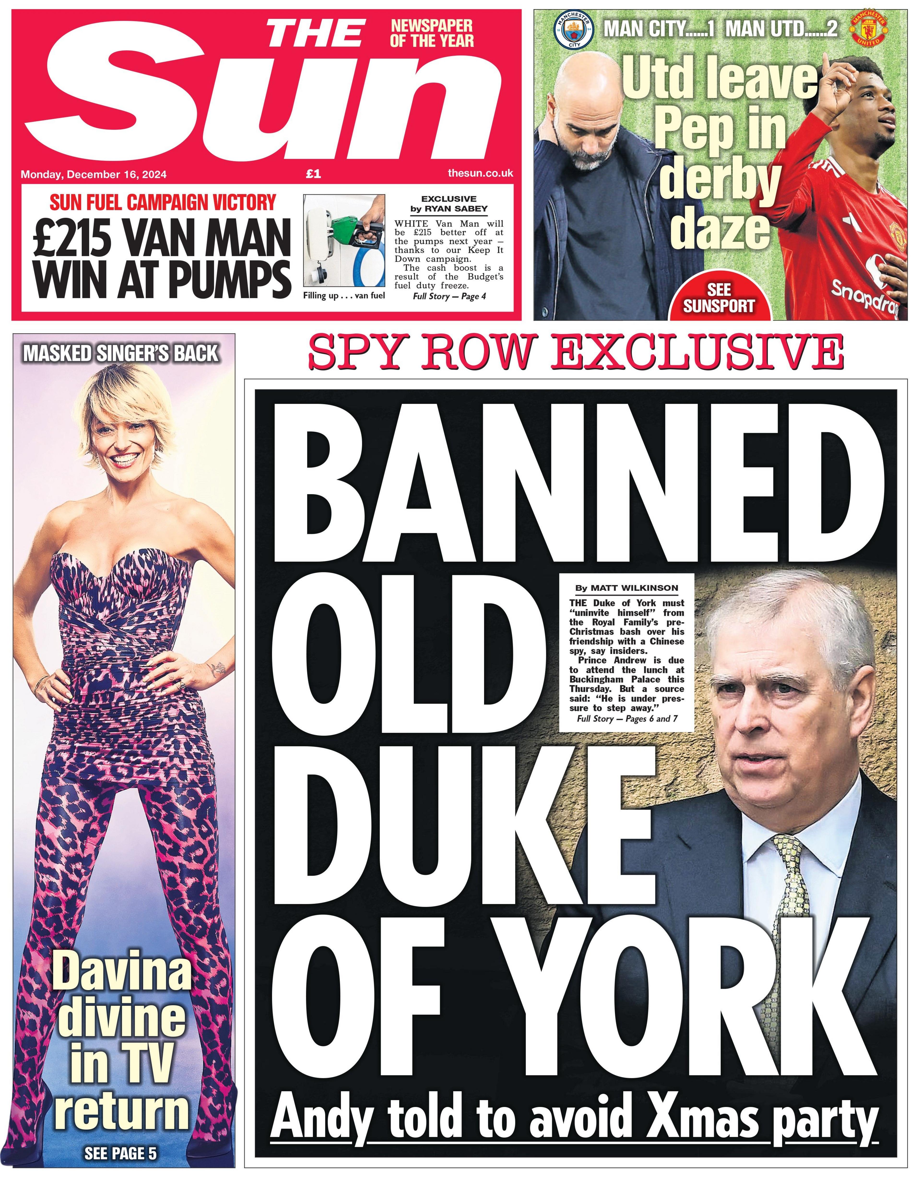 The Sun's front page says "Banned Old Duke of York". 