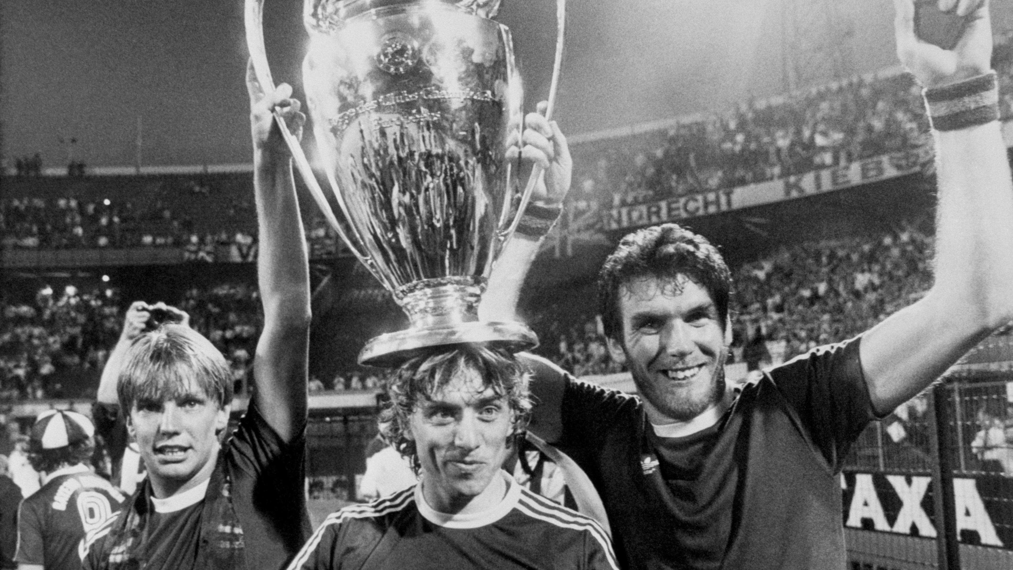 Gary Shaw, Tony Morley and Peter Withe celebrate winning the 1982 European Cup