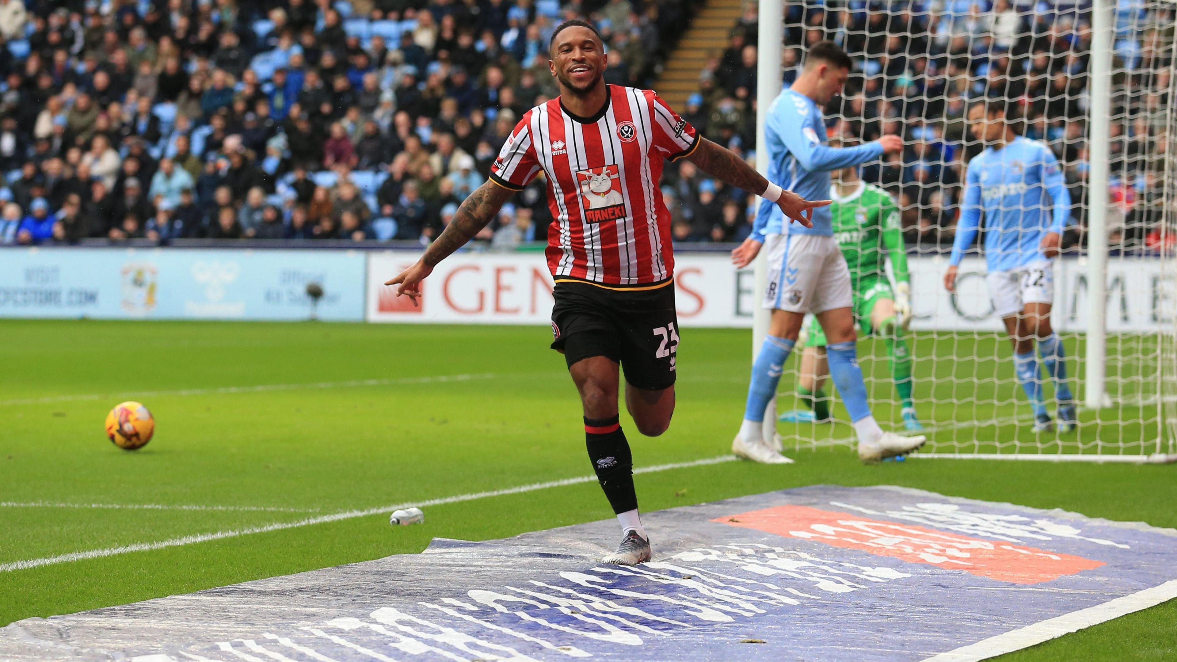 Tyrese Campbell celebrating scoring a goal for Sheffield United against Coventry City