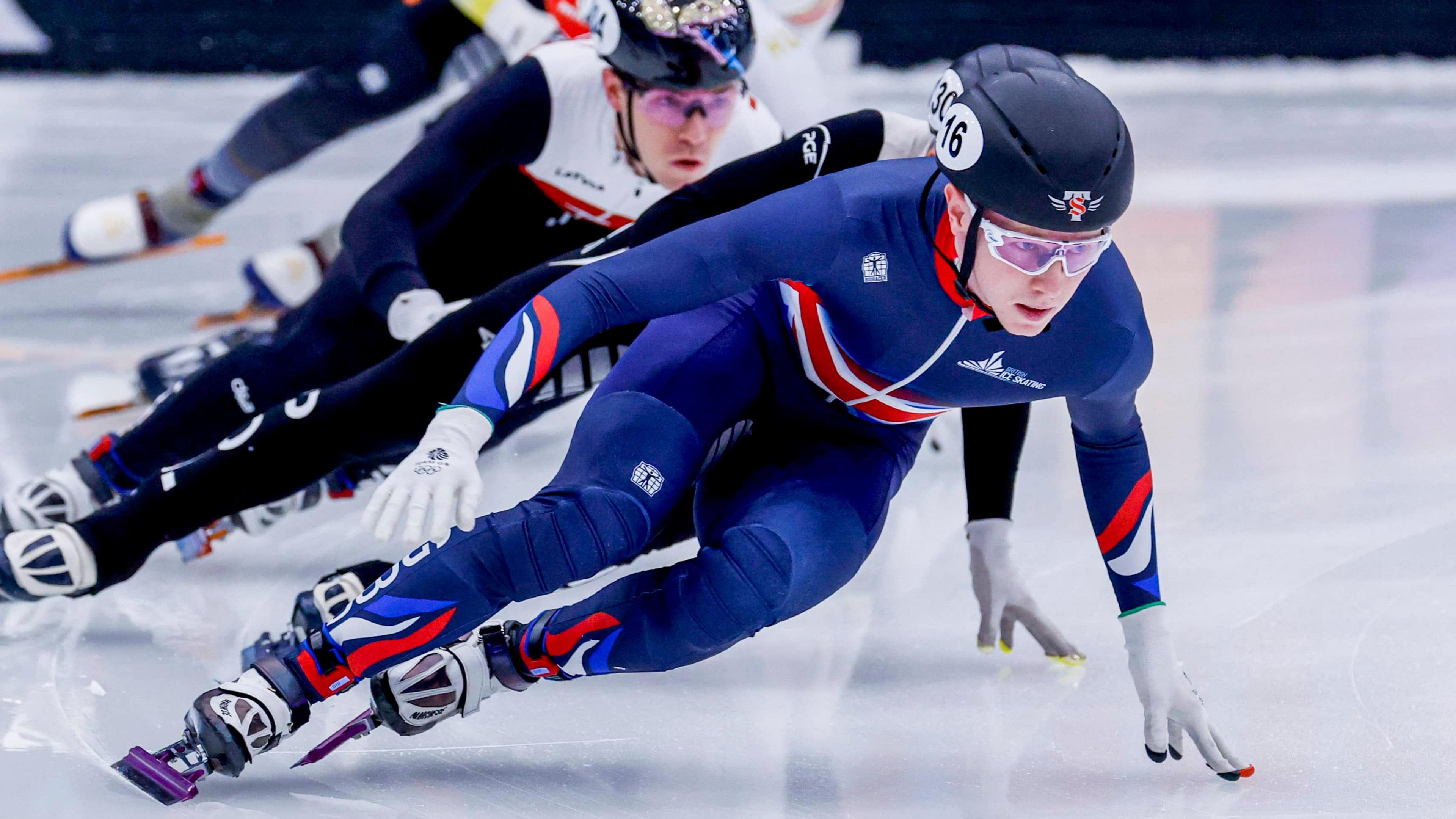 Niall Treacy of Great Britain competing on the men's 500m finals on day one of the ISU European Short Track Speed Skating Championships