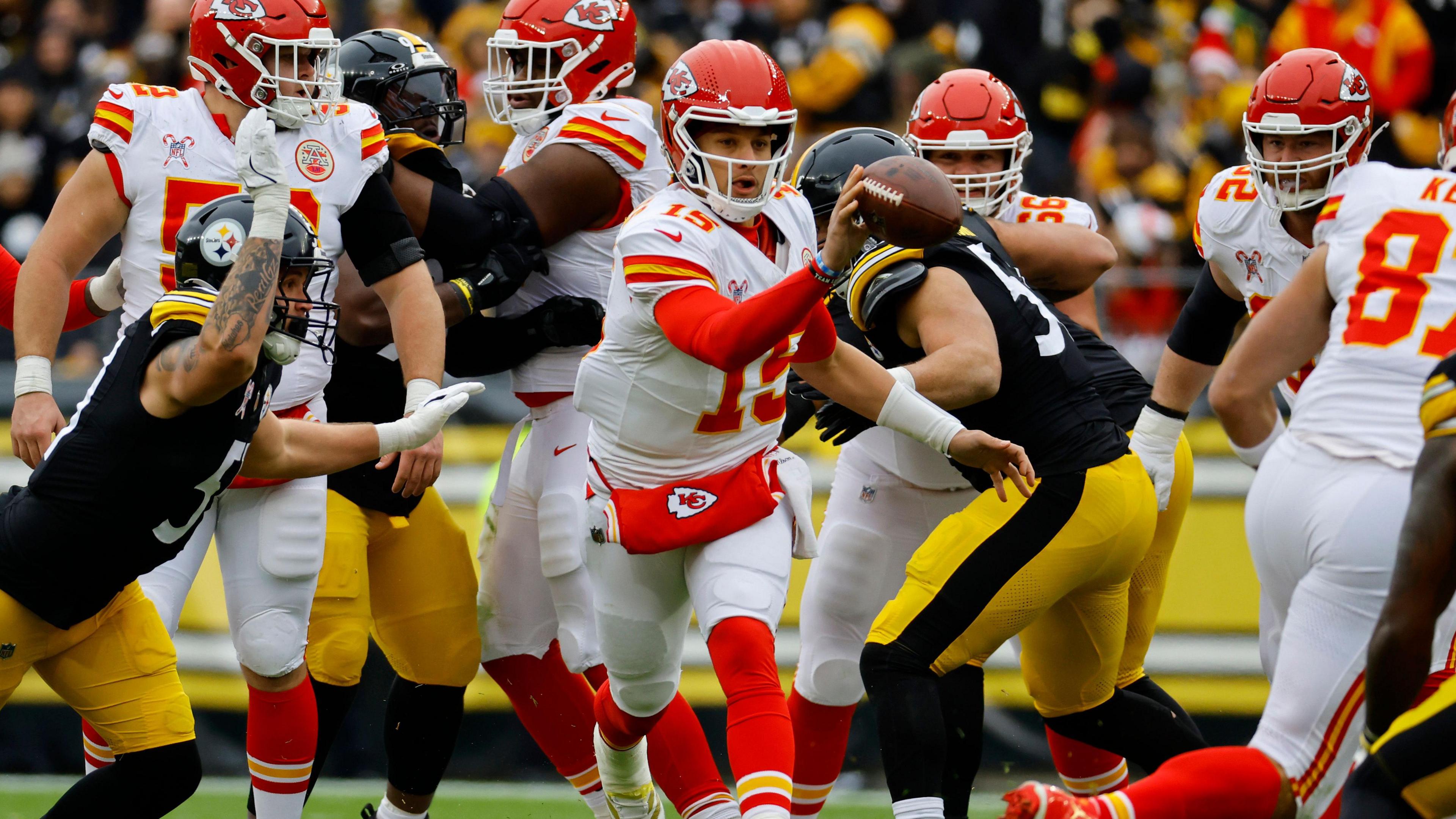 Kansas City Chiefs quarterback Patrick Mahomes makes a pass against the Pittsburgh Steelers on Christmas Day