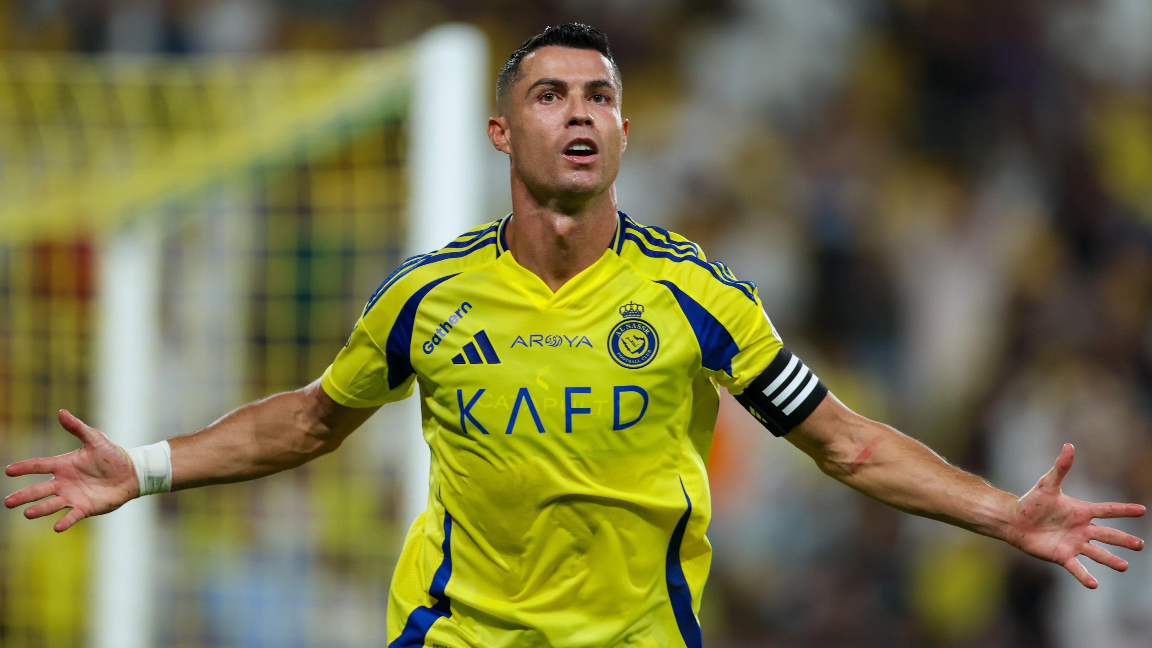 Cristiano Ronaldo celebrates after scoring for Al-Nassr in the Saudi Pro League