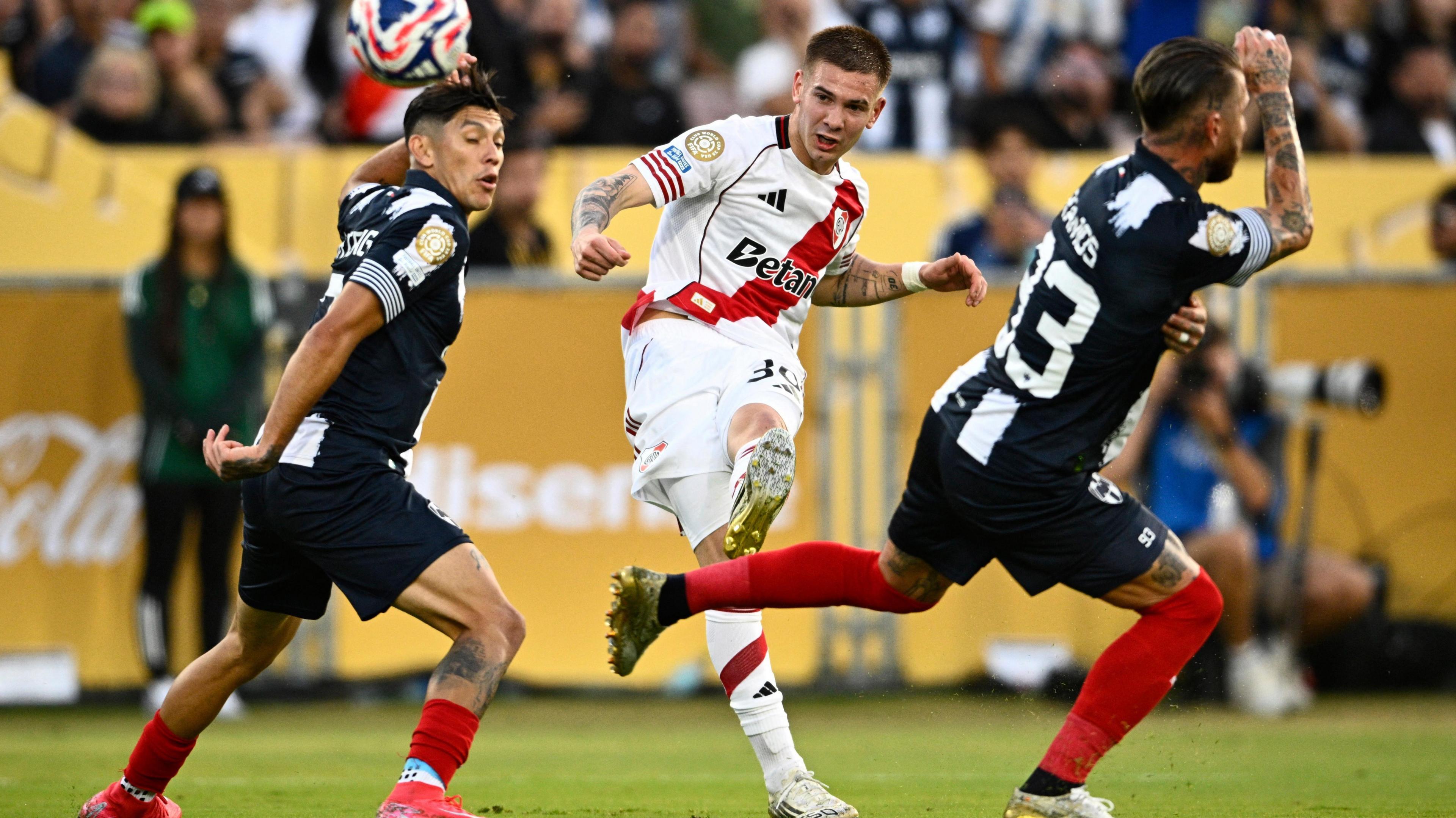 Mastantuono in action in the Club World Cup against Monterrey