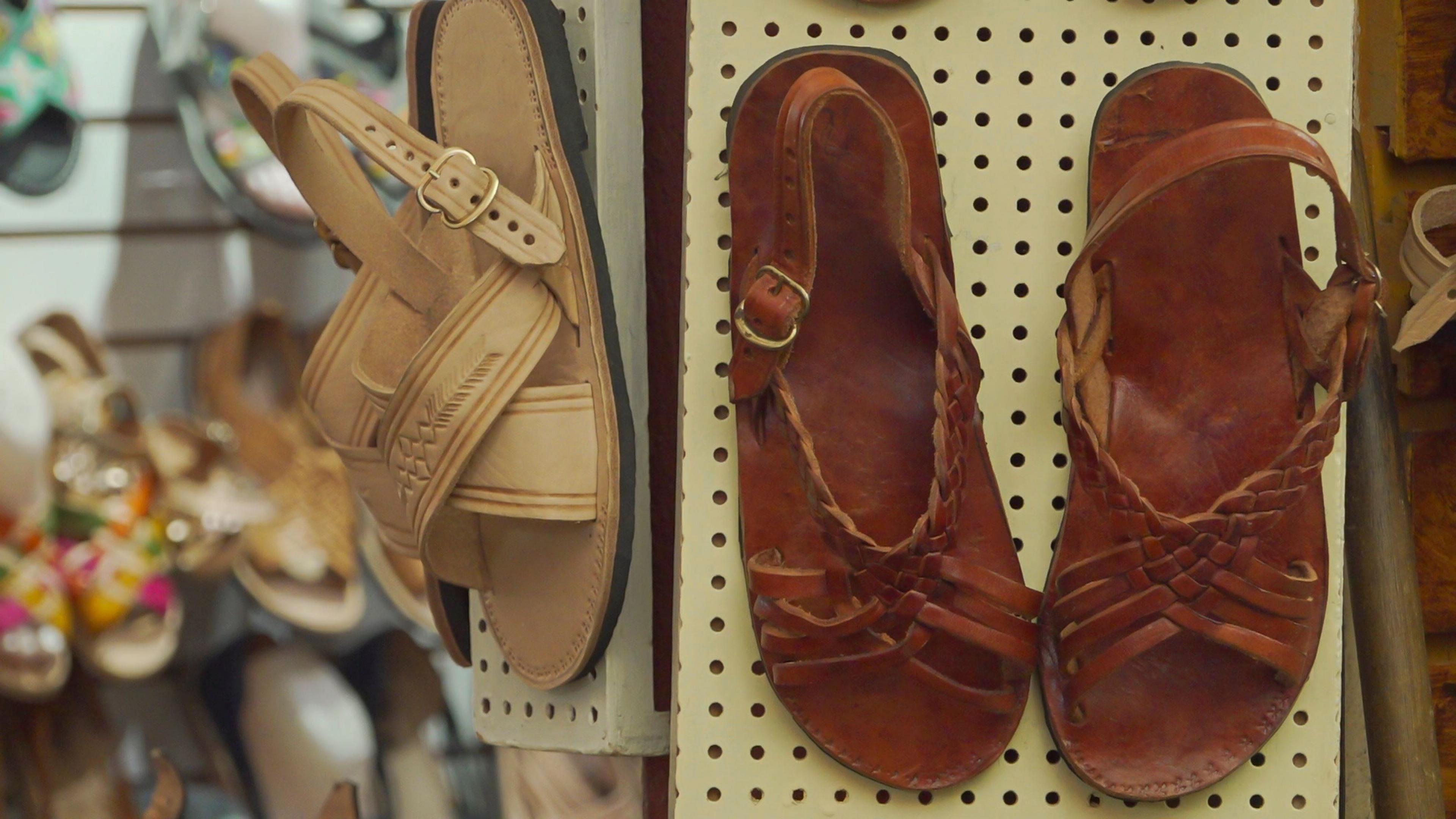 Traditional huaraches are displayed at a market in Oaxaca, Mexico