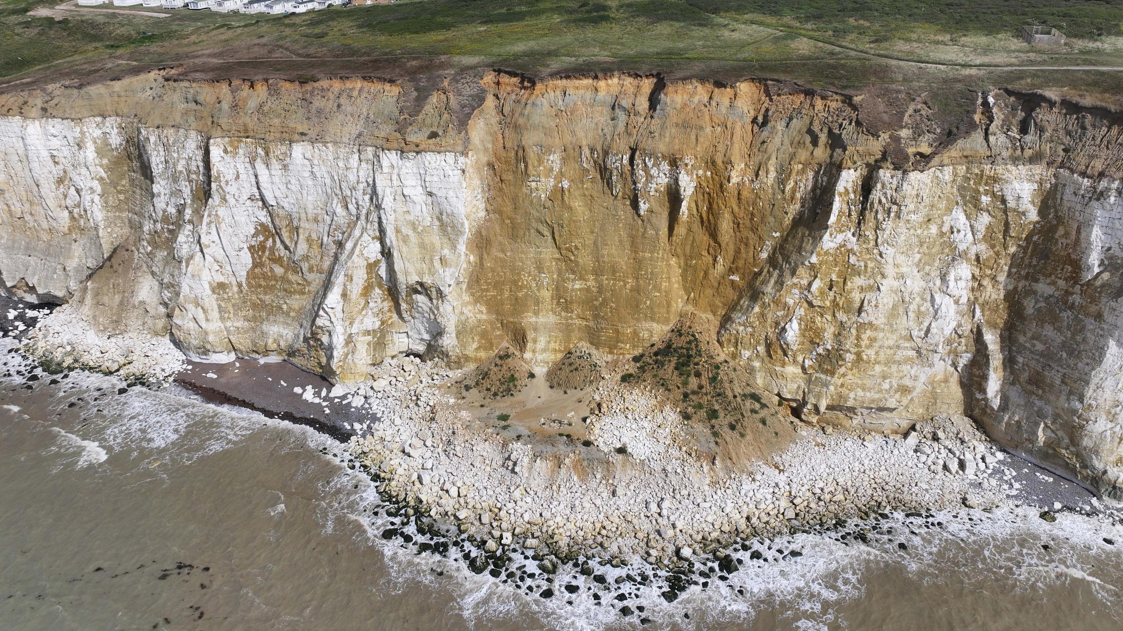 A drone shot looking over the cliff fall