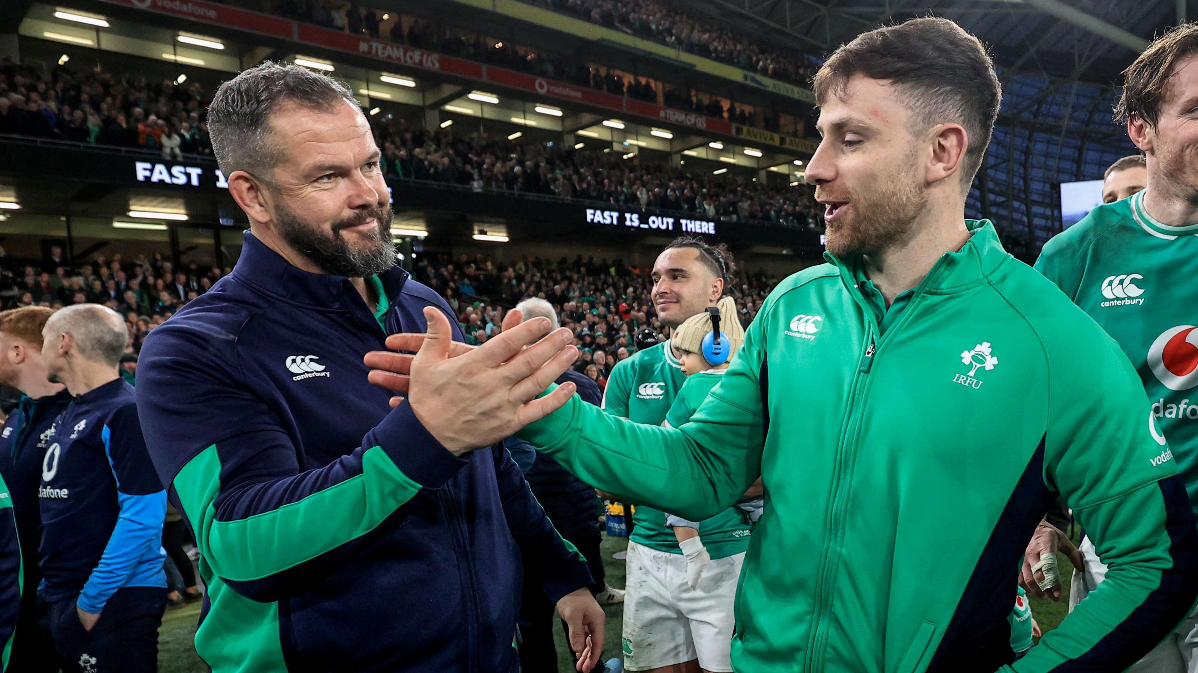 Andy Farrell shakes hands with Hugo Keenan after Ireland won the 2024 Six Nations