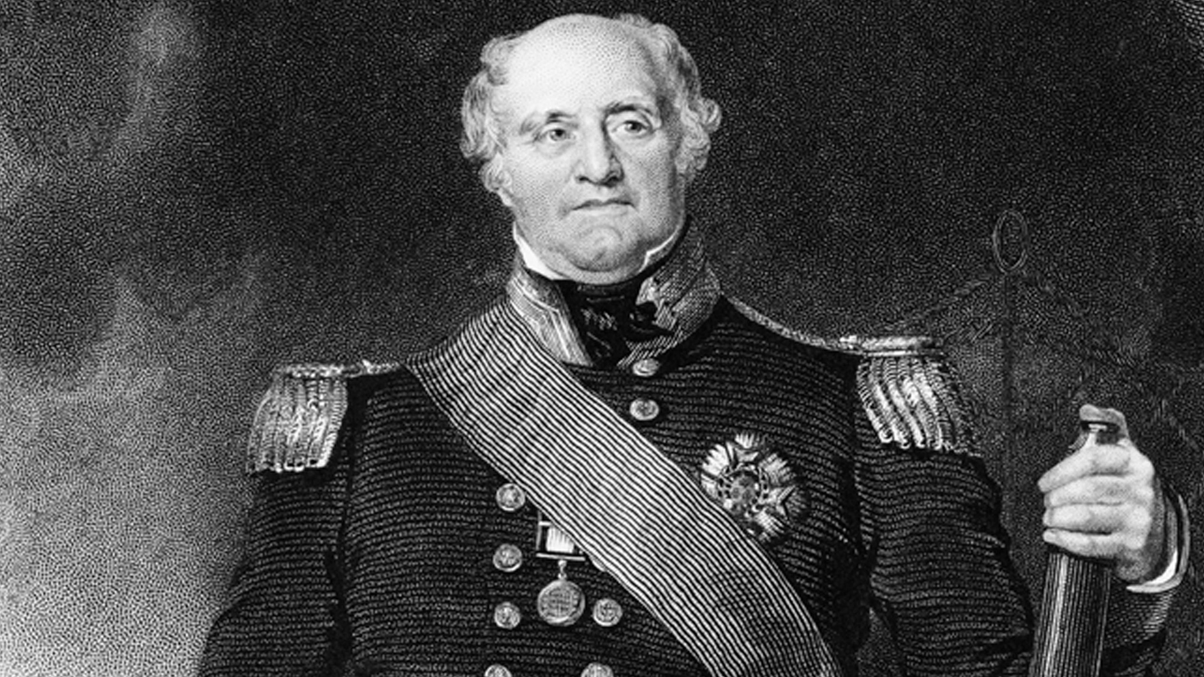 A black and white impression of a naval man with white hair and naval uniform stands in front of a dark background
