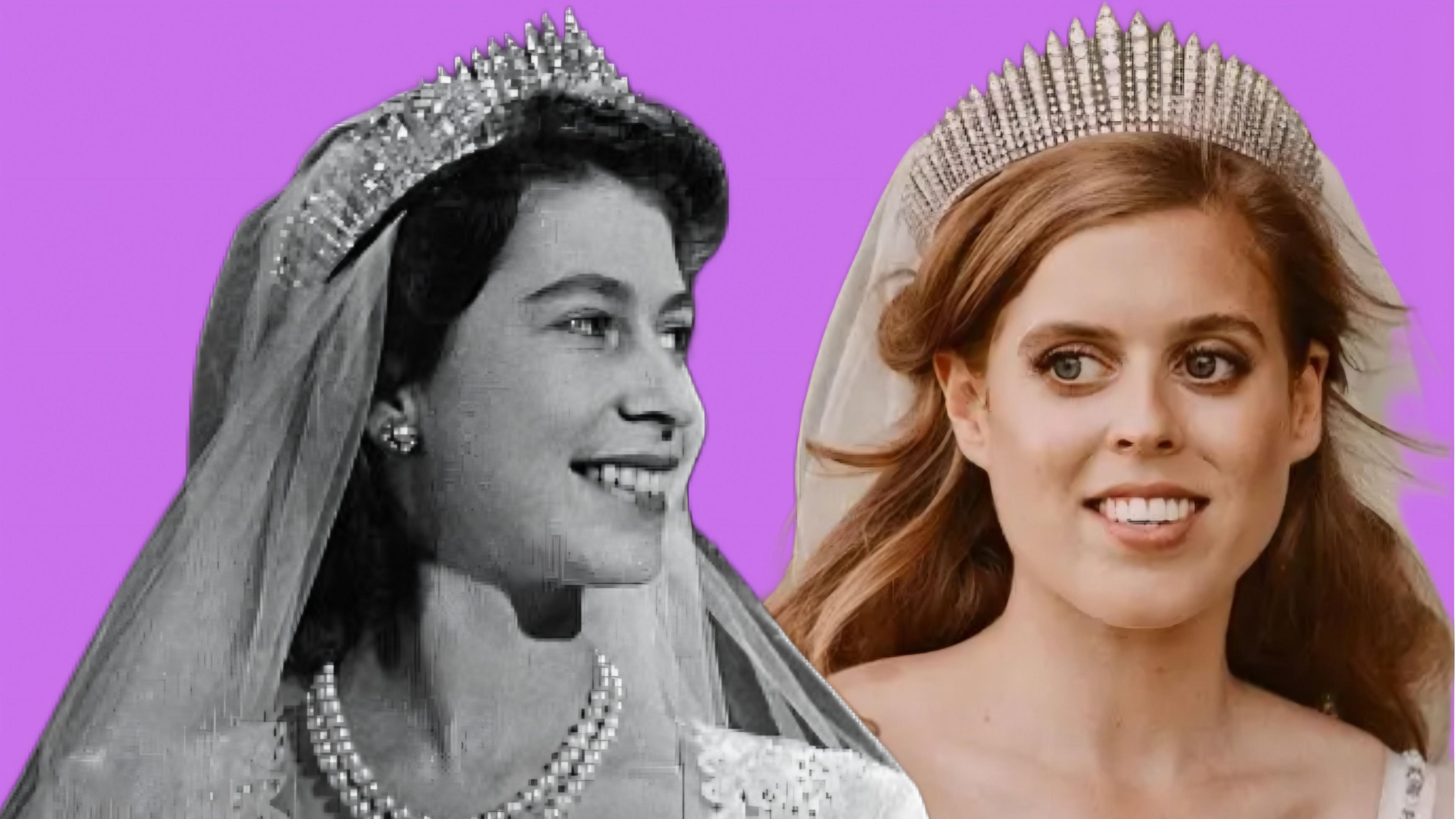 Queen Elizabeth II and Princess Beatrice on their wedding day wearing the same tiara. 