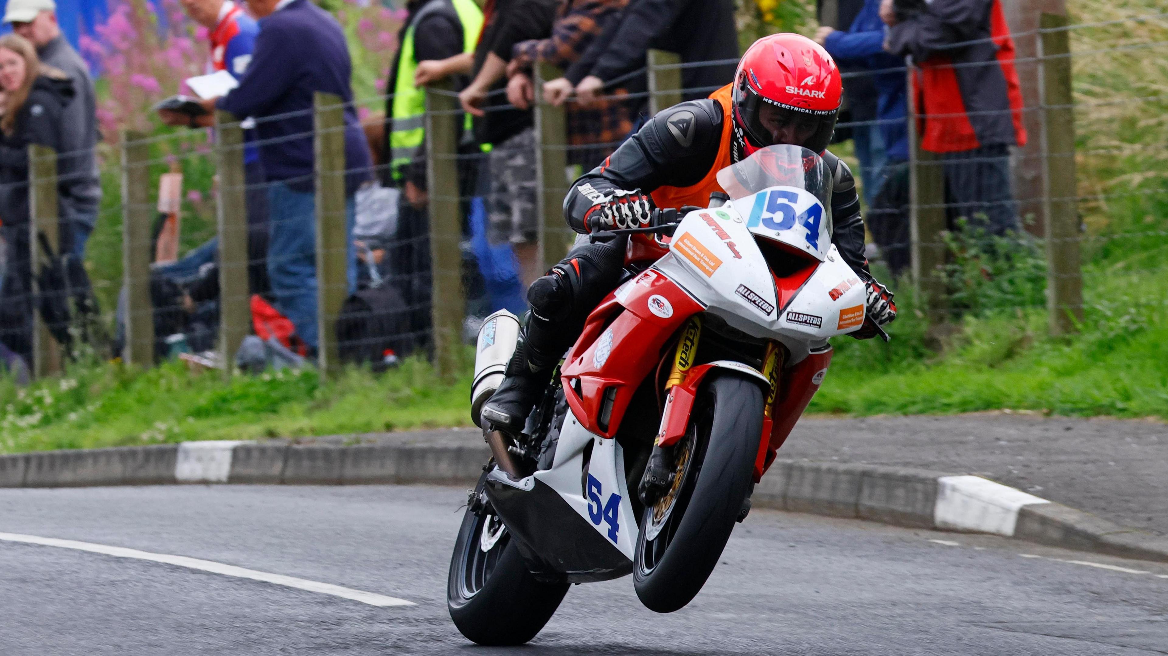 Franco Bourne gets his bike airborne at the Armoy road races