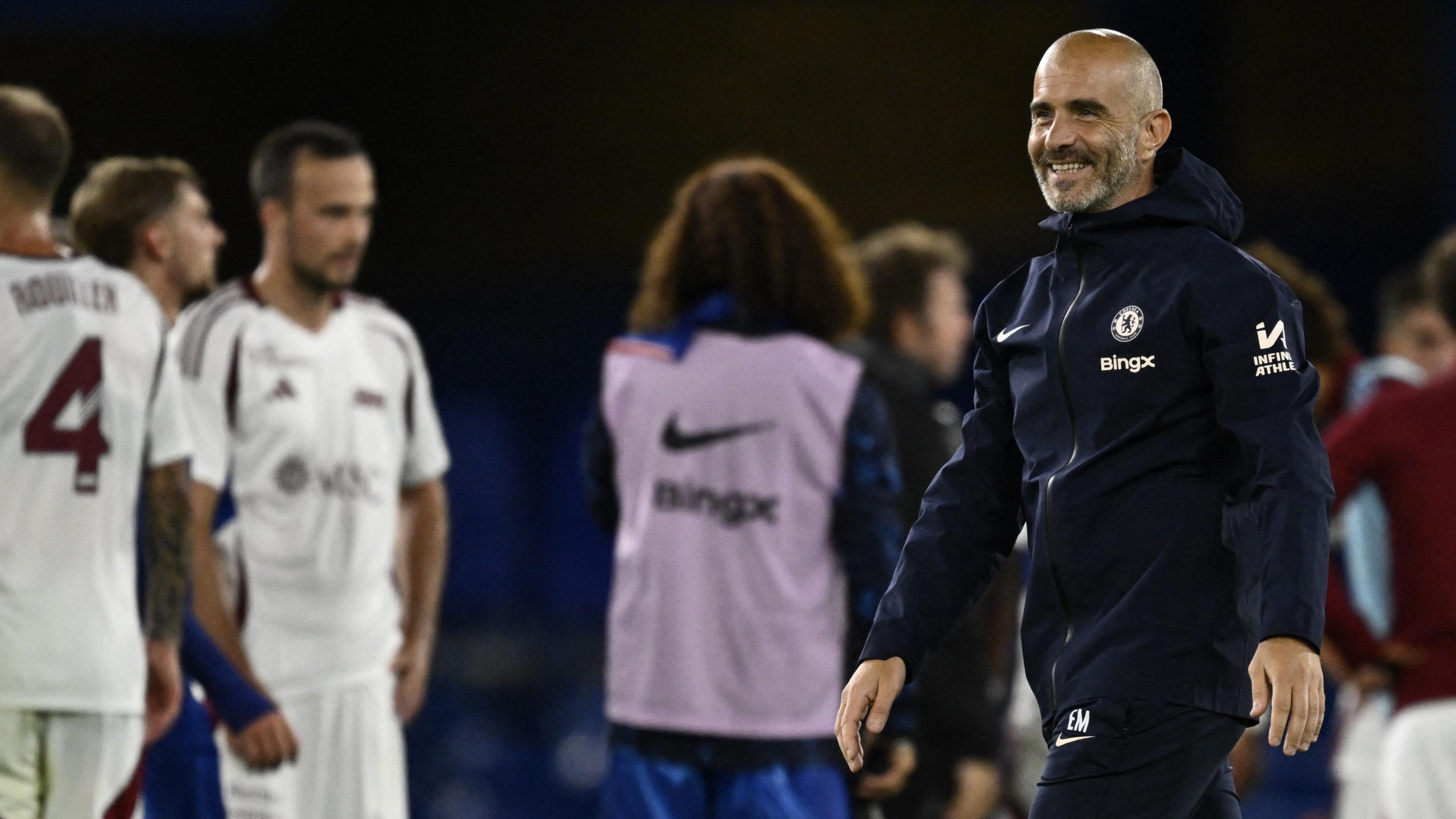 Enzo Maresca smiles at full-time of a Chelsea victory