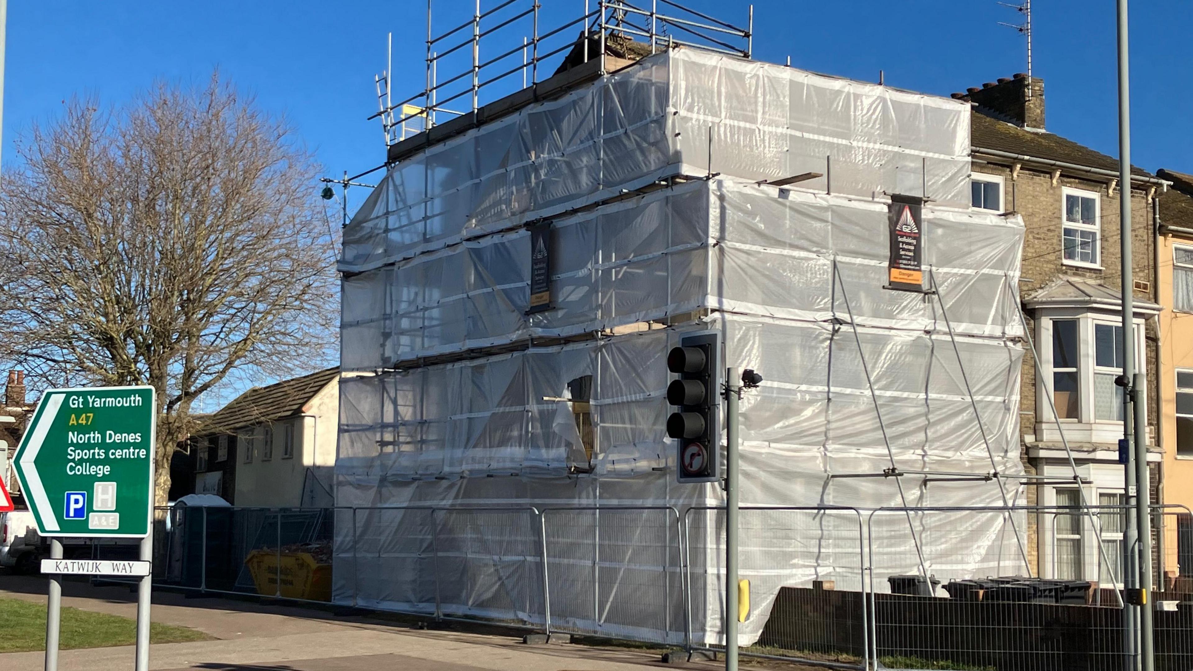 The covered up Banksy seagull mural in Lowestoft, Suffolk