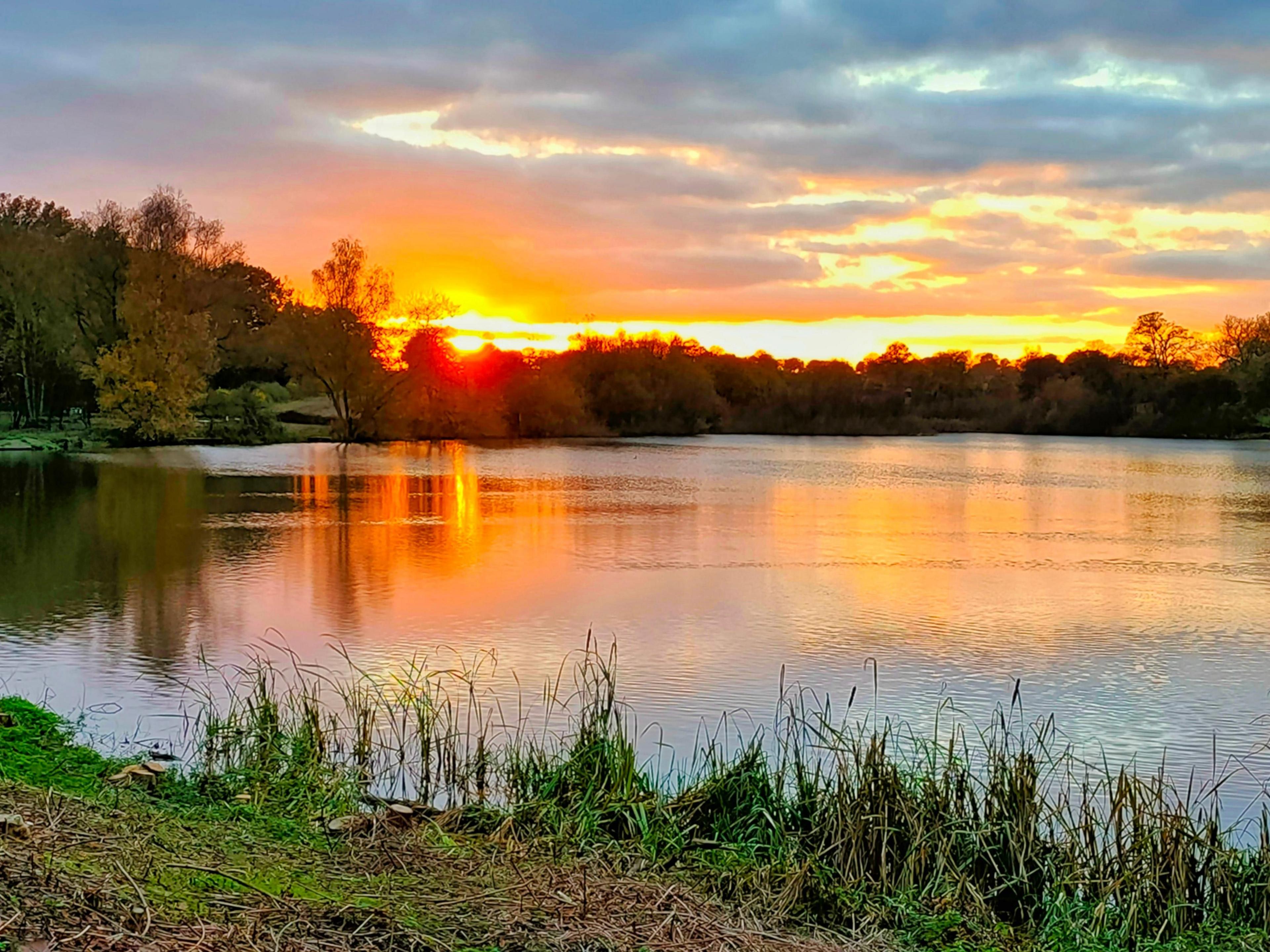 A body of water in the foreground with a grassy fringe reflects the deep orange colour of the sunset. Broken light-grey cloud interacts with the sun. 