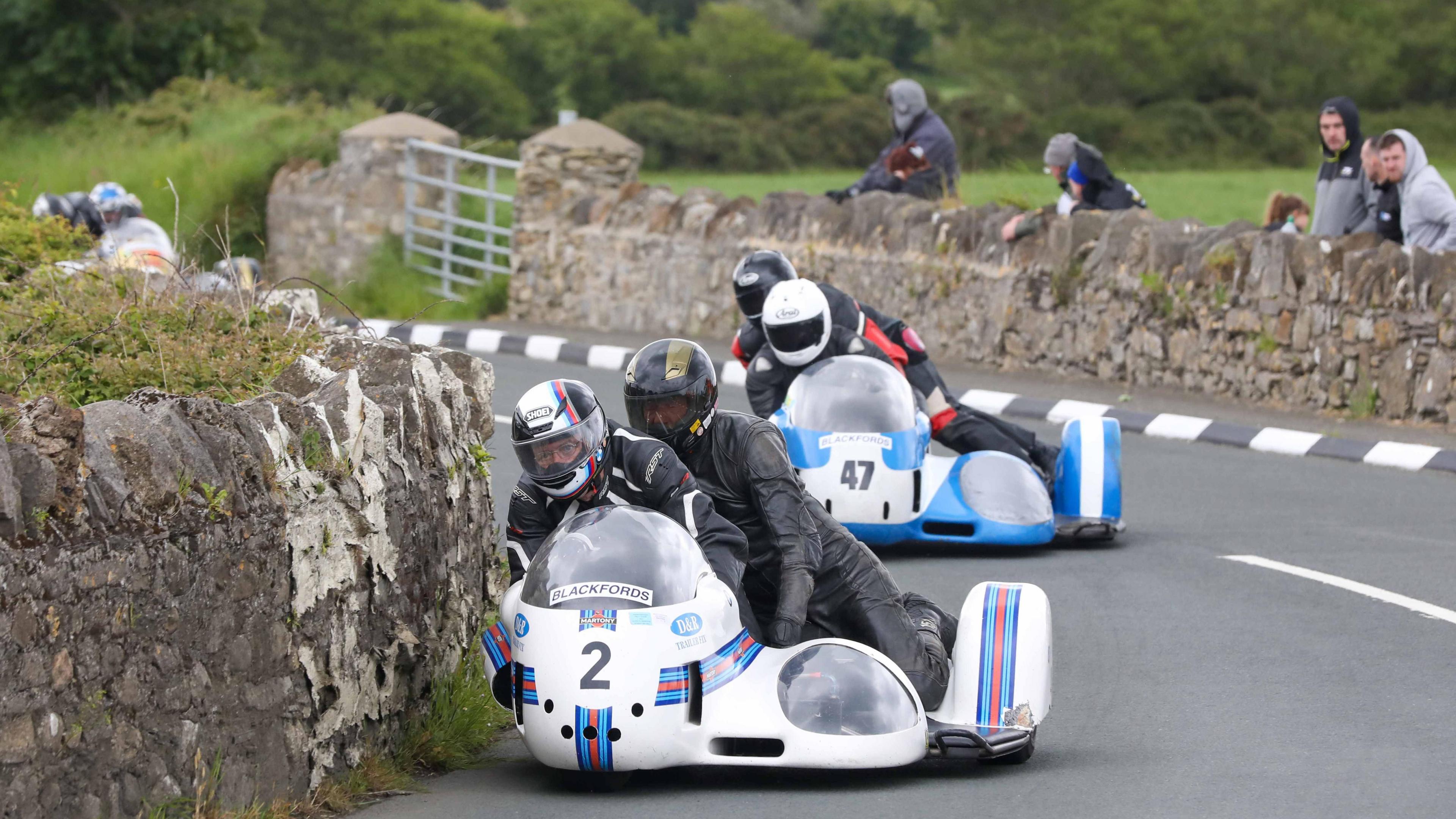 Sidecars racing on the Billown Circuit