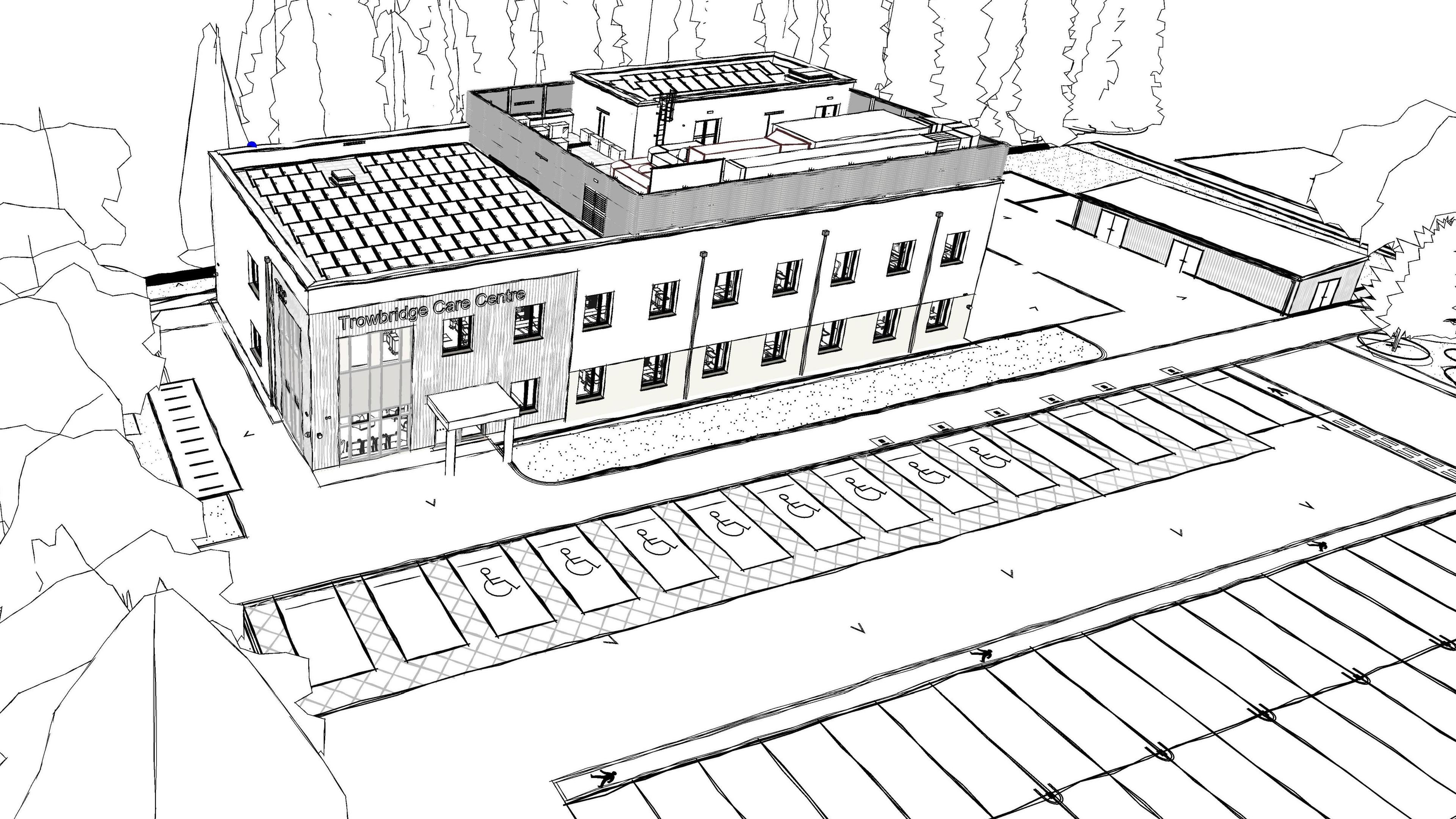 A black and white artist’s impression of the new Trowbridge Integrated Care Centre.