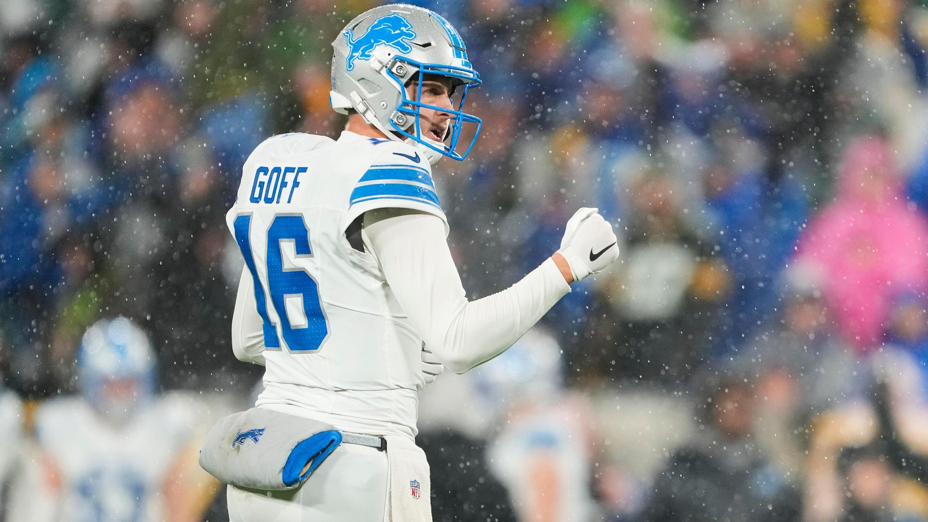 Detroit Lions quarterback Jared Goff celebrates on the field