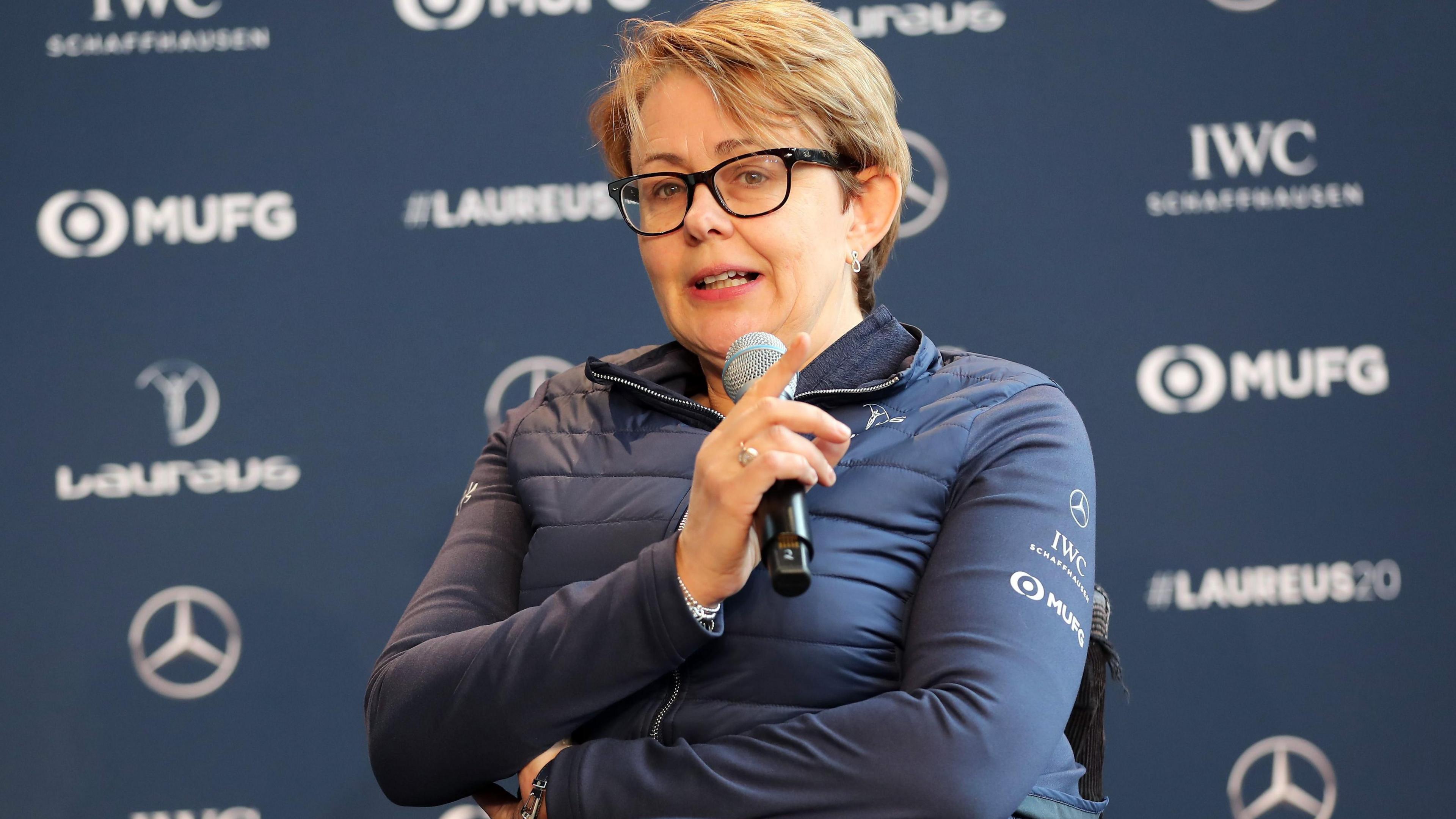 Laureus Academy Member Tanni Grey-Thompson speaks on stage during the Laureus Olympians Press Event at the Mercedes Benz Building prior to the Laureus World Sports Awards on February 17, 2020 in Berlin, Germany.