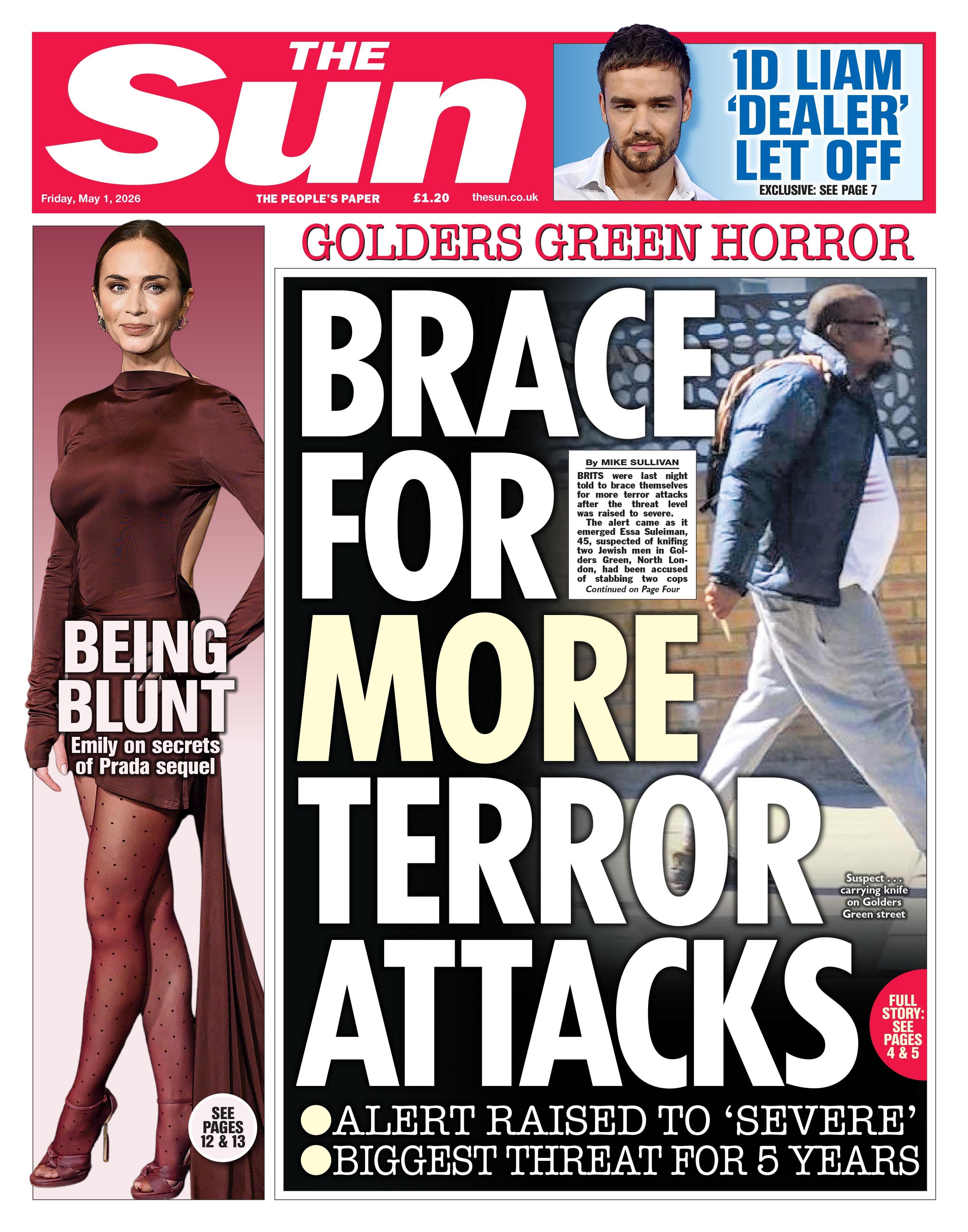 Titulli në faqen e parë të gazetës The Sun thotë: “Përgatituni për më shumë sulme terroriste”.